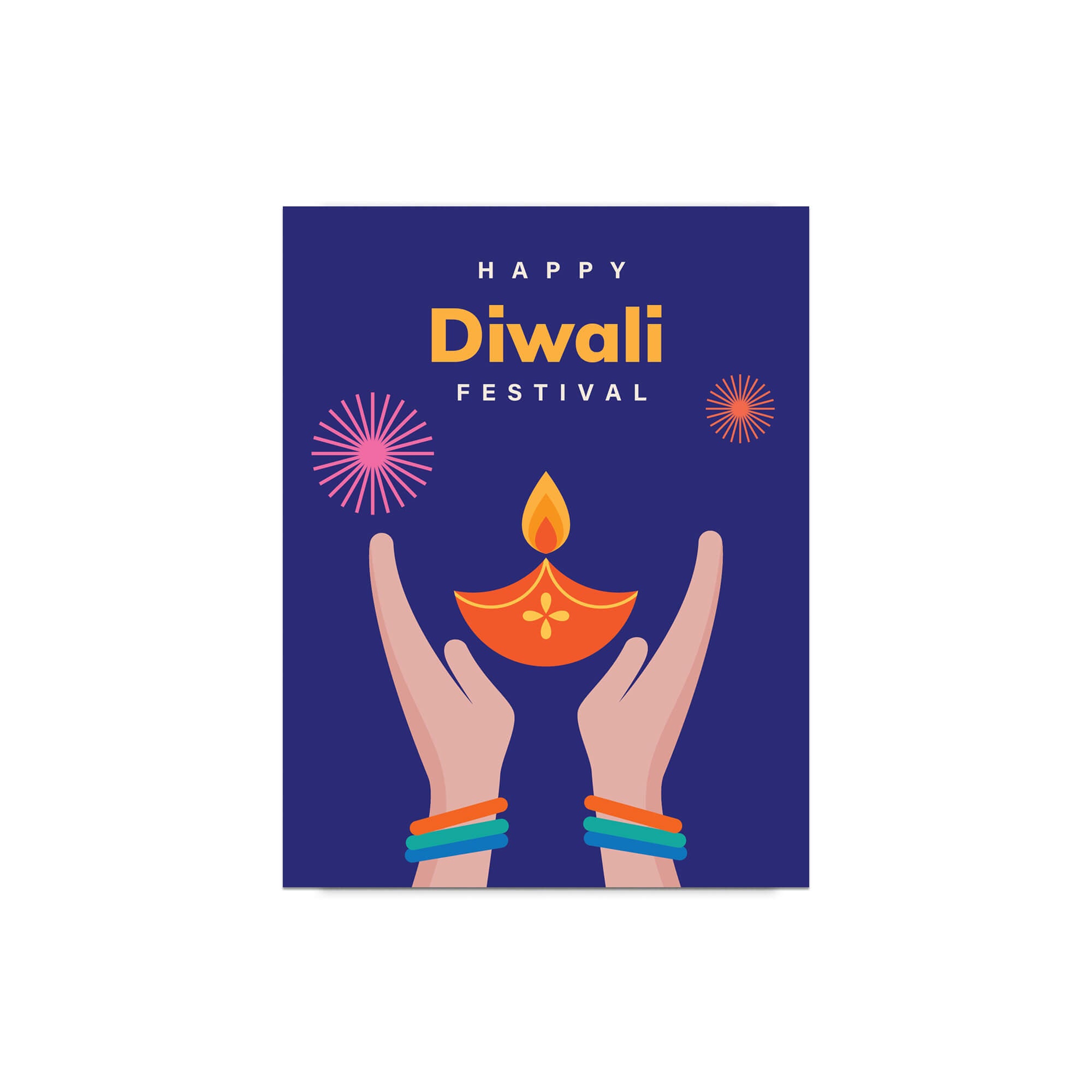 Greeting card with 'Happy Diwali Festival' text, hands holding a diya, and indian hindu diya decorative elements on a blue background.