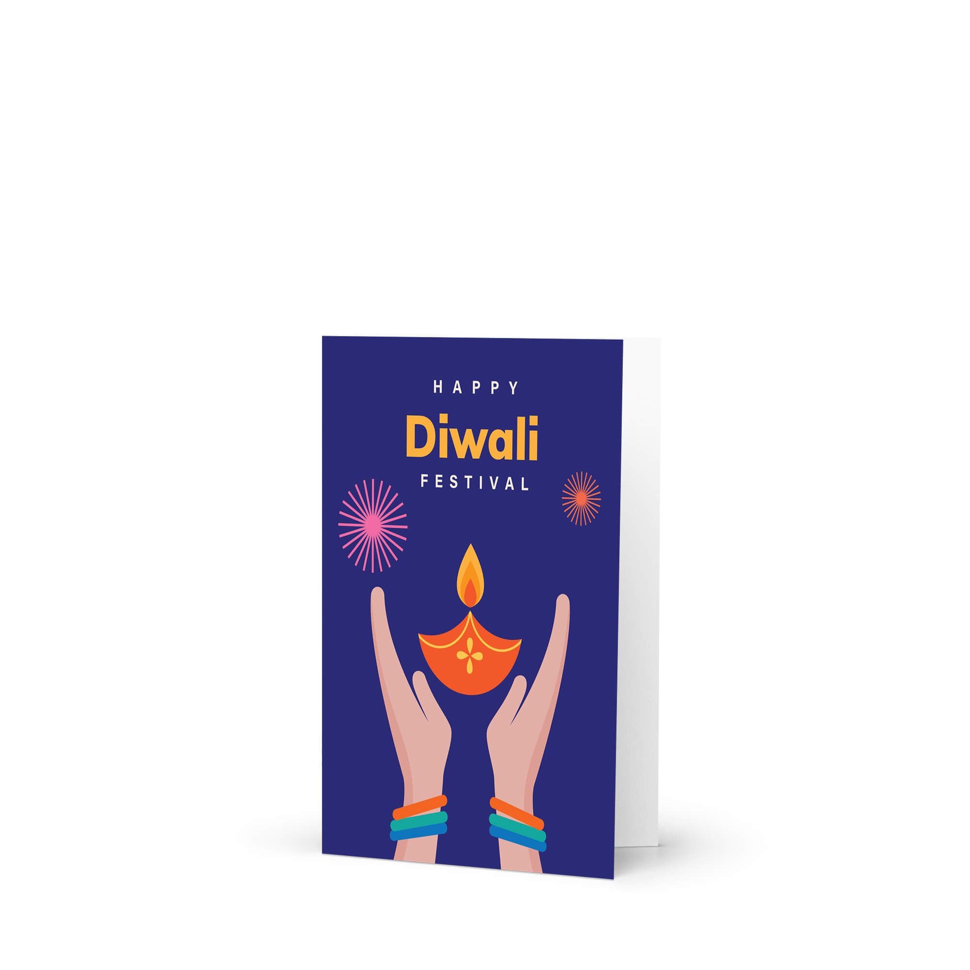 Greeting card with 'Happy Diwali Festival' text and hands holding a lit oil lamp on a white background