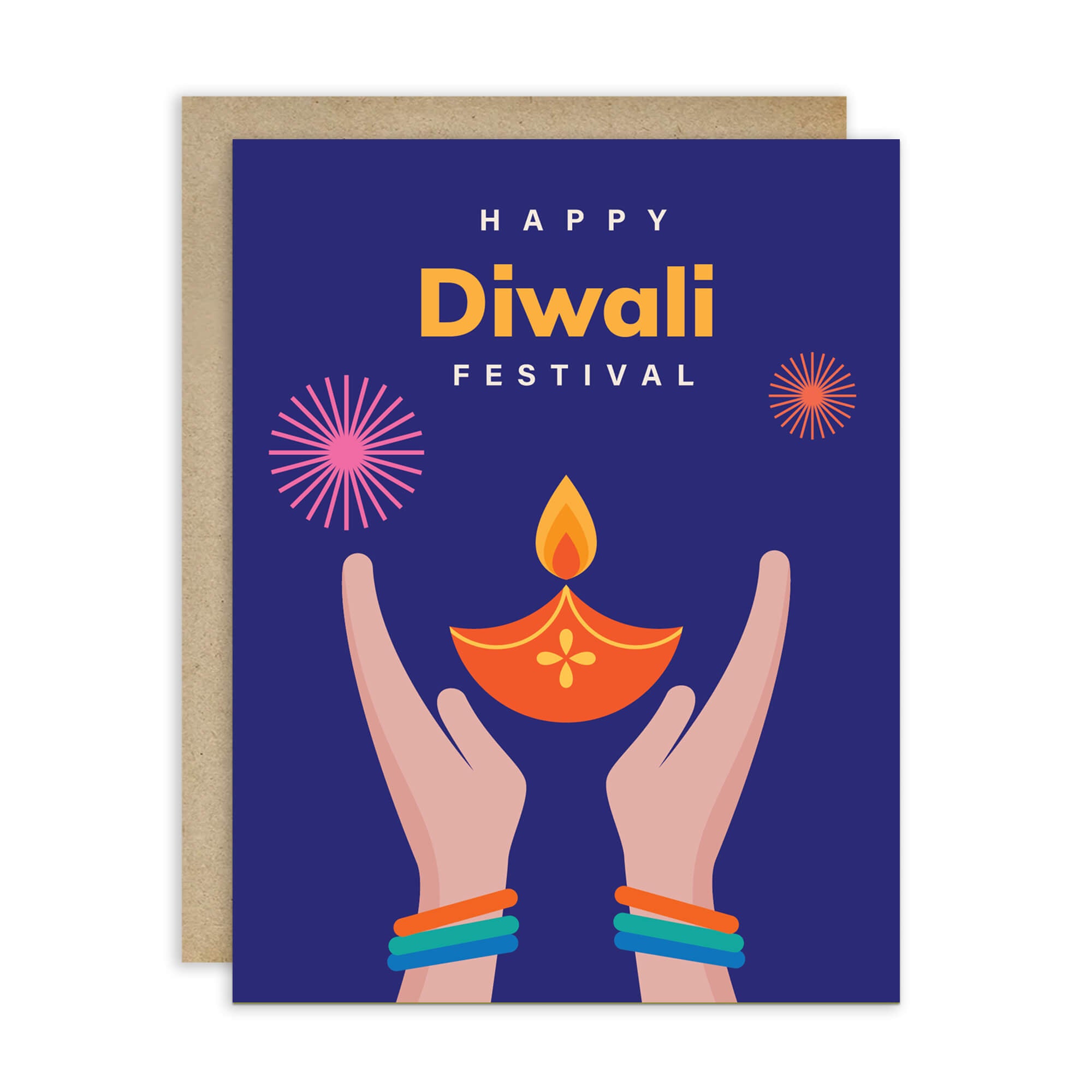Greeting card with 'Happy Diwali Festival' text and illustration of hands holding a Diwali lamp on a blue background.
