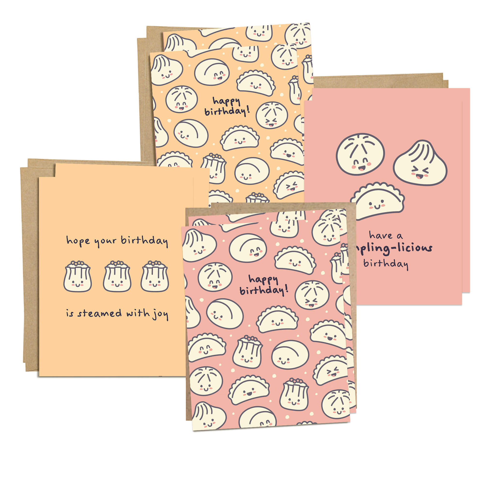 boxed Set of four birthday cards with dumpling illustrations on a white background