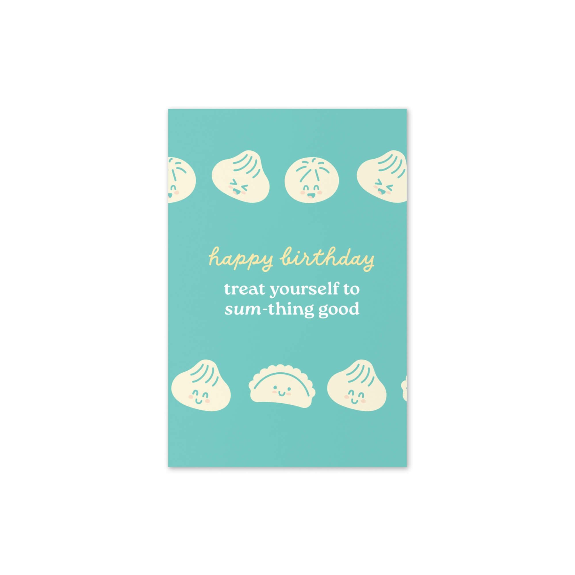Greeting card with dumpling illustrations and birthday message on a teal background