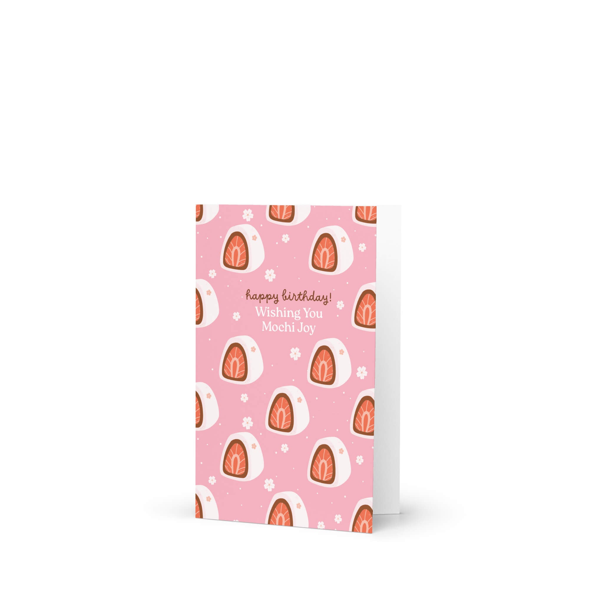 Greeting card with mochi pattern and text on a pink background