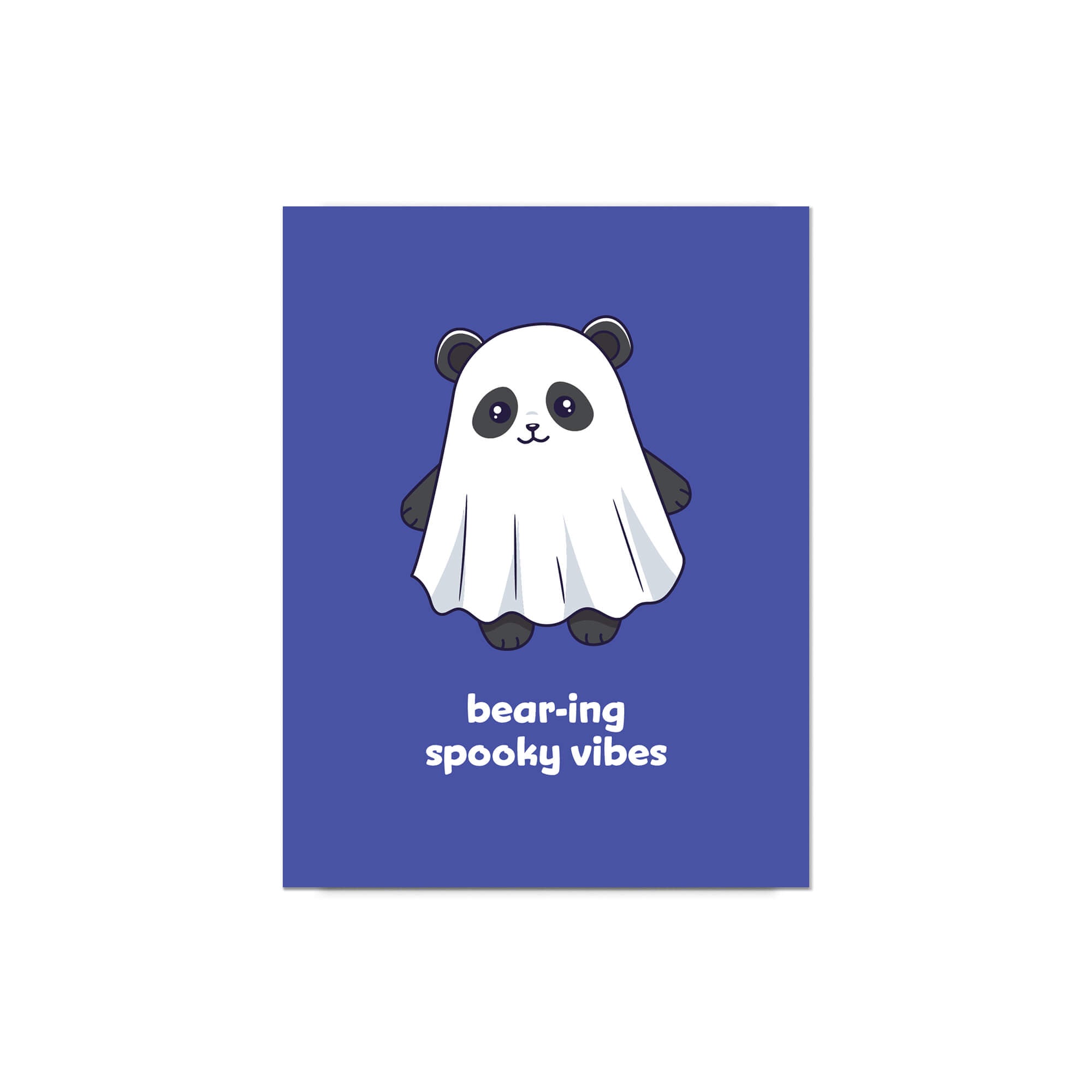 kawaii halloween Greeting card with a panda bear ghost illustration and text on a blue background