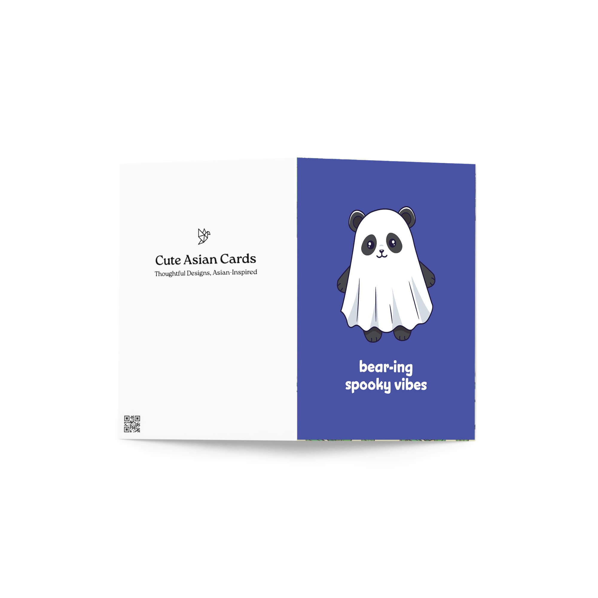 kawaii halloween Greeting card with a panda bear ghost illustration and text on a blue background