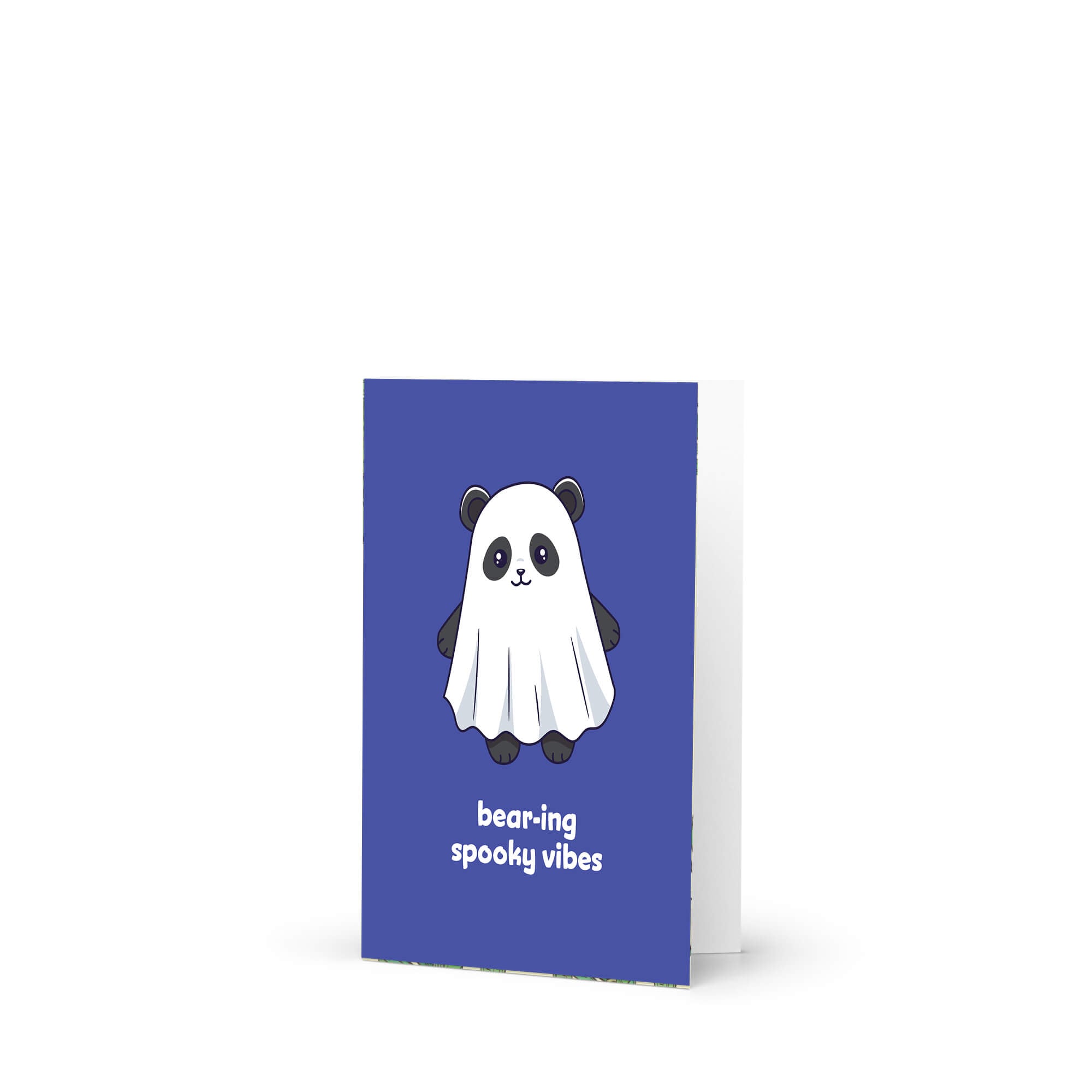 kawaii halloween Greeting card with a panda bear ghost illustration and text on a blue background
