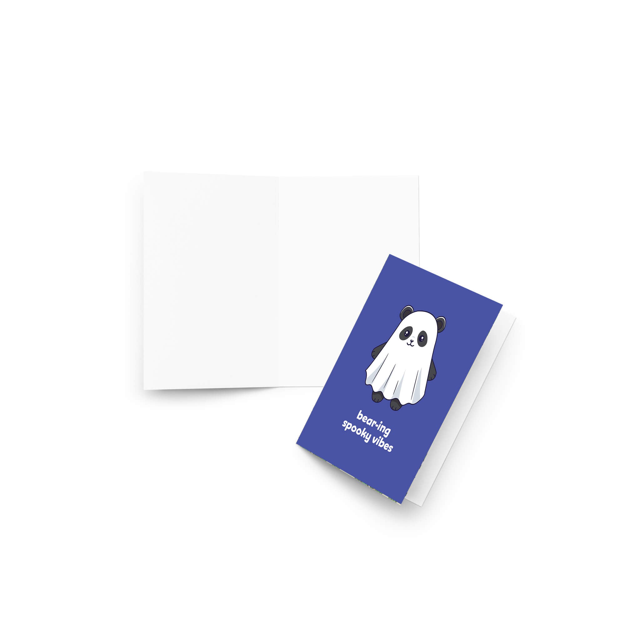 kawaii halloween Greeting card with a panda bear ghost illustration and text on a blue background