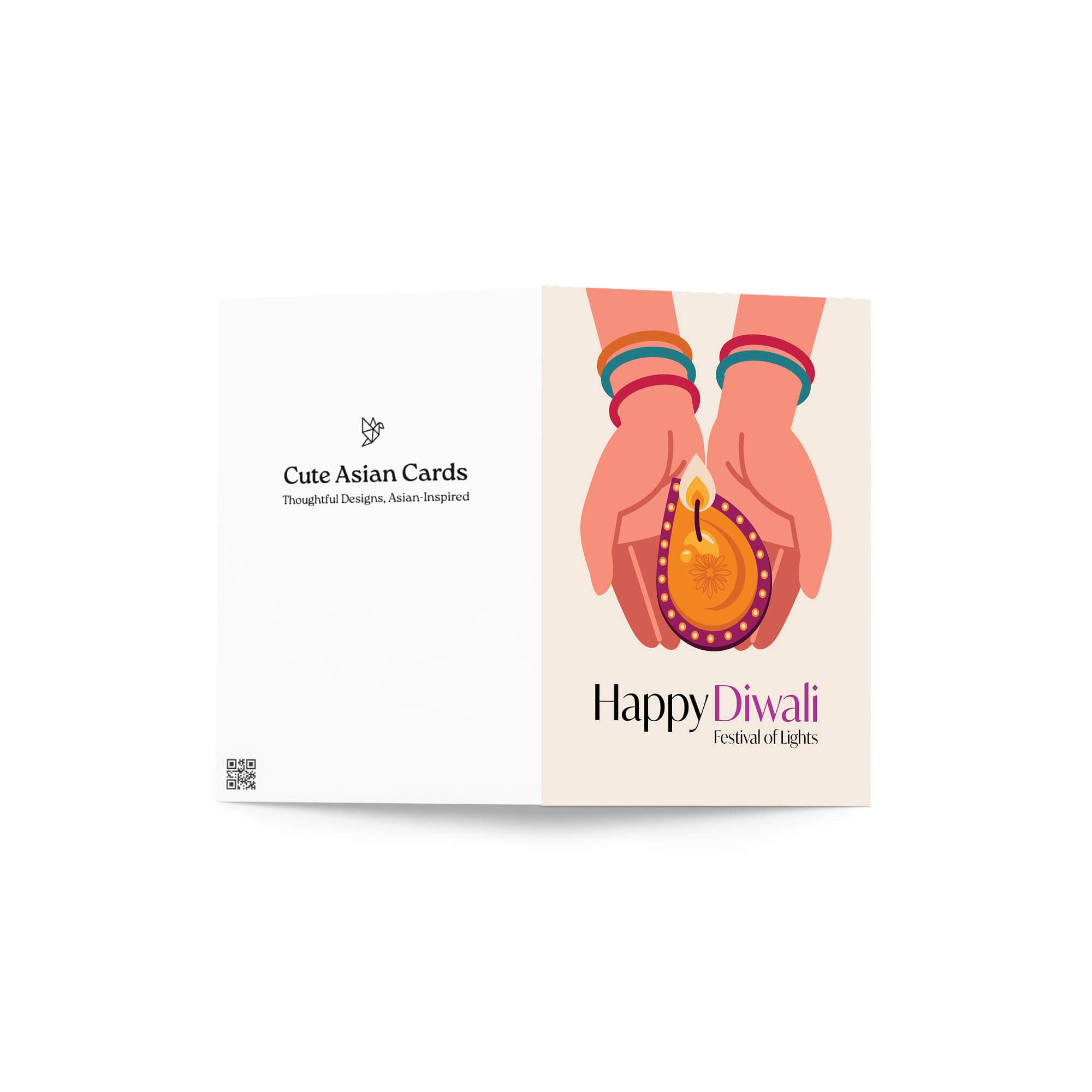 indian Card with hands holding a Diwali oil lamp and 'Happy Diwali' text on a white background.