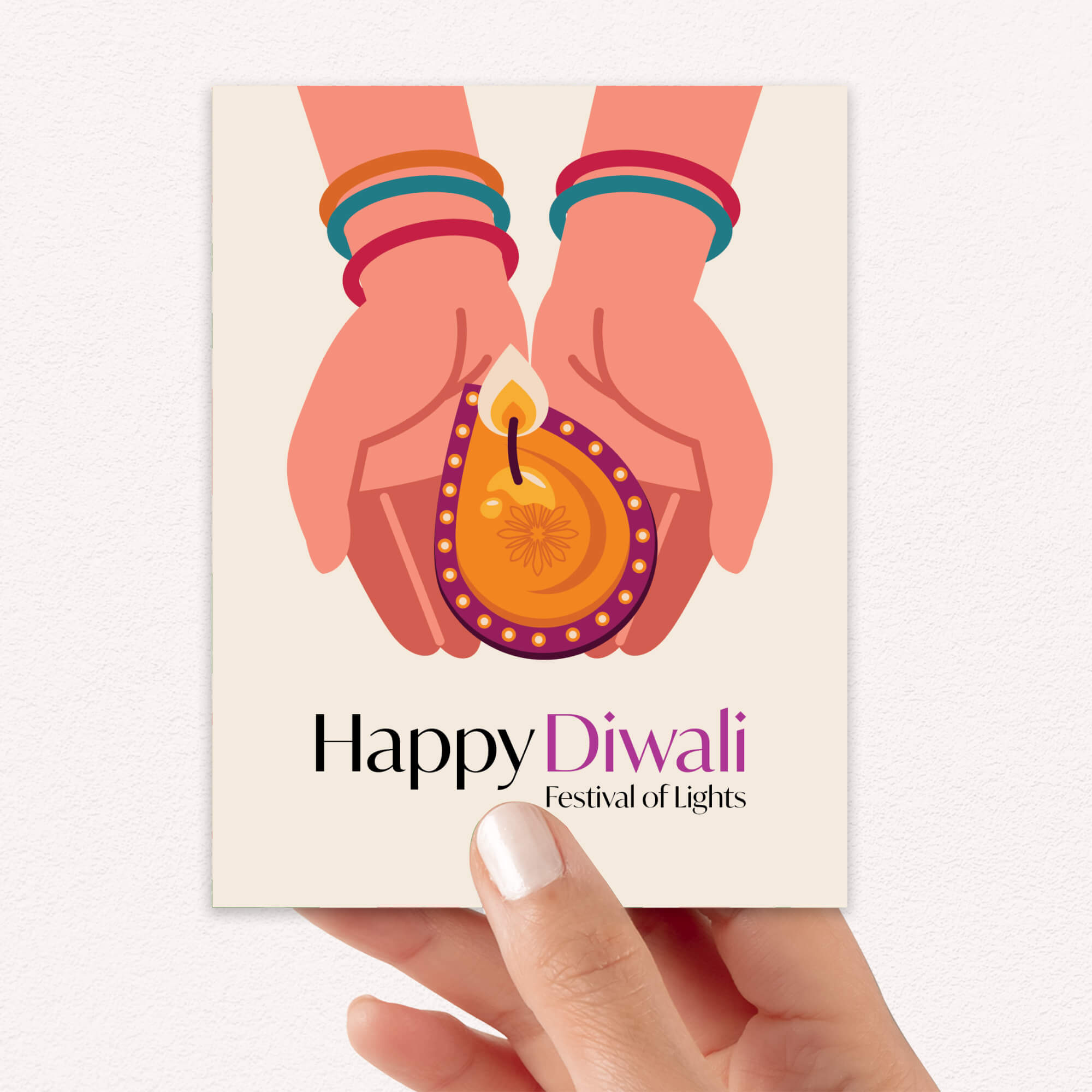 diwali Card with hands holding a diya lamp and 'Happy Diwali' text on a beige background