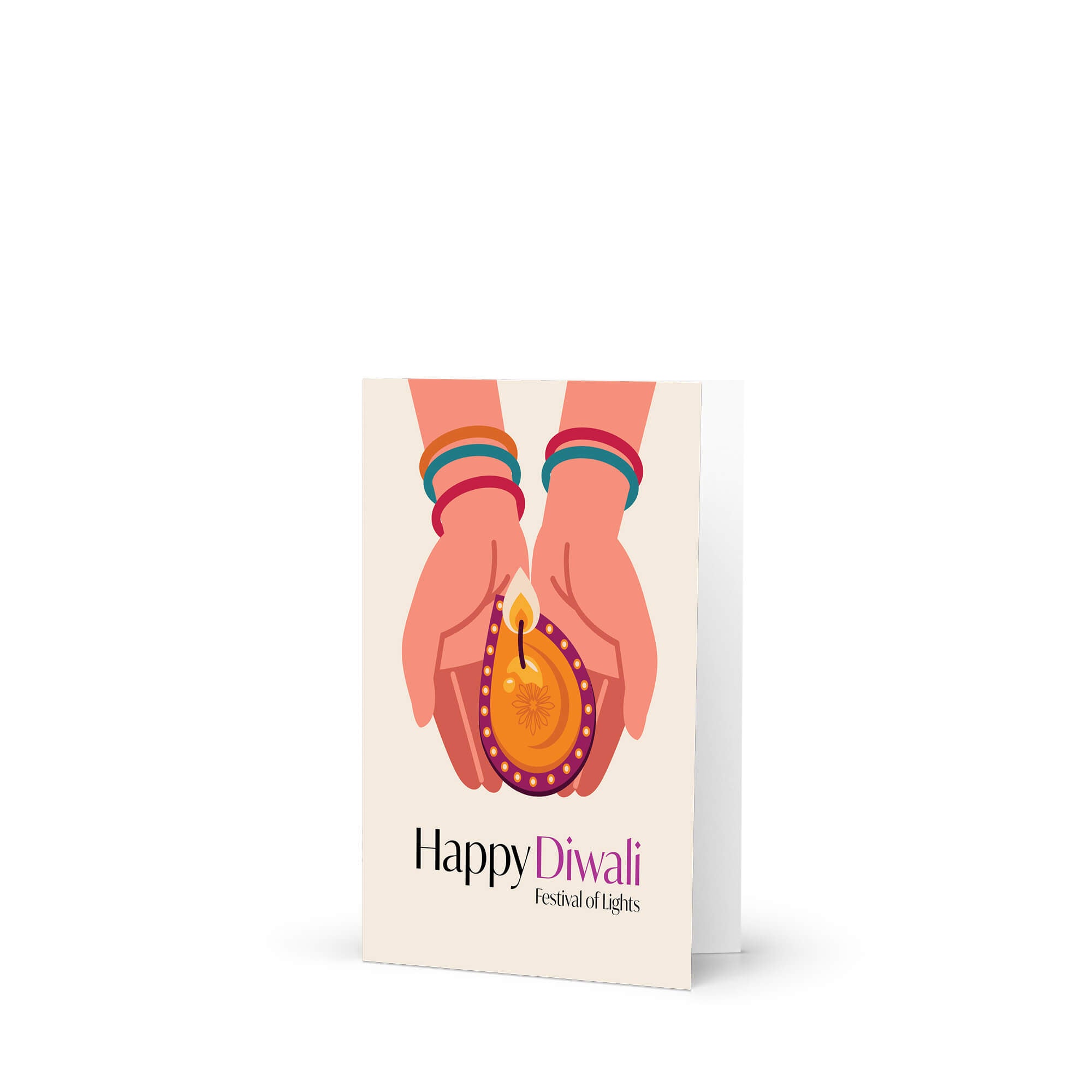 diwali Greeting card with hands holding a Diwali diya oil lamp on a white background