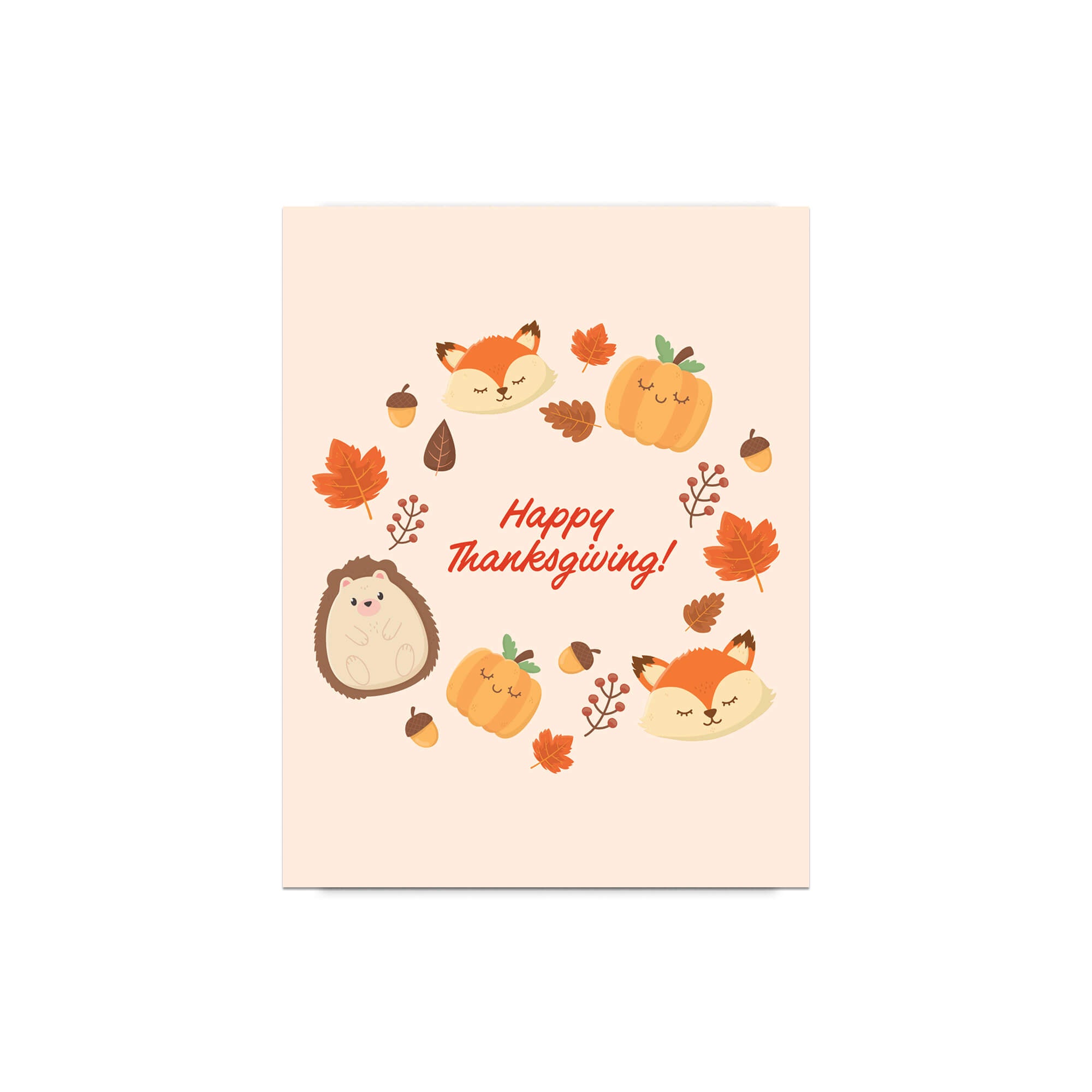 fall Card with cartoon animals and autumn elements on a light pink background