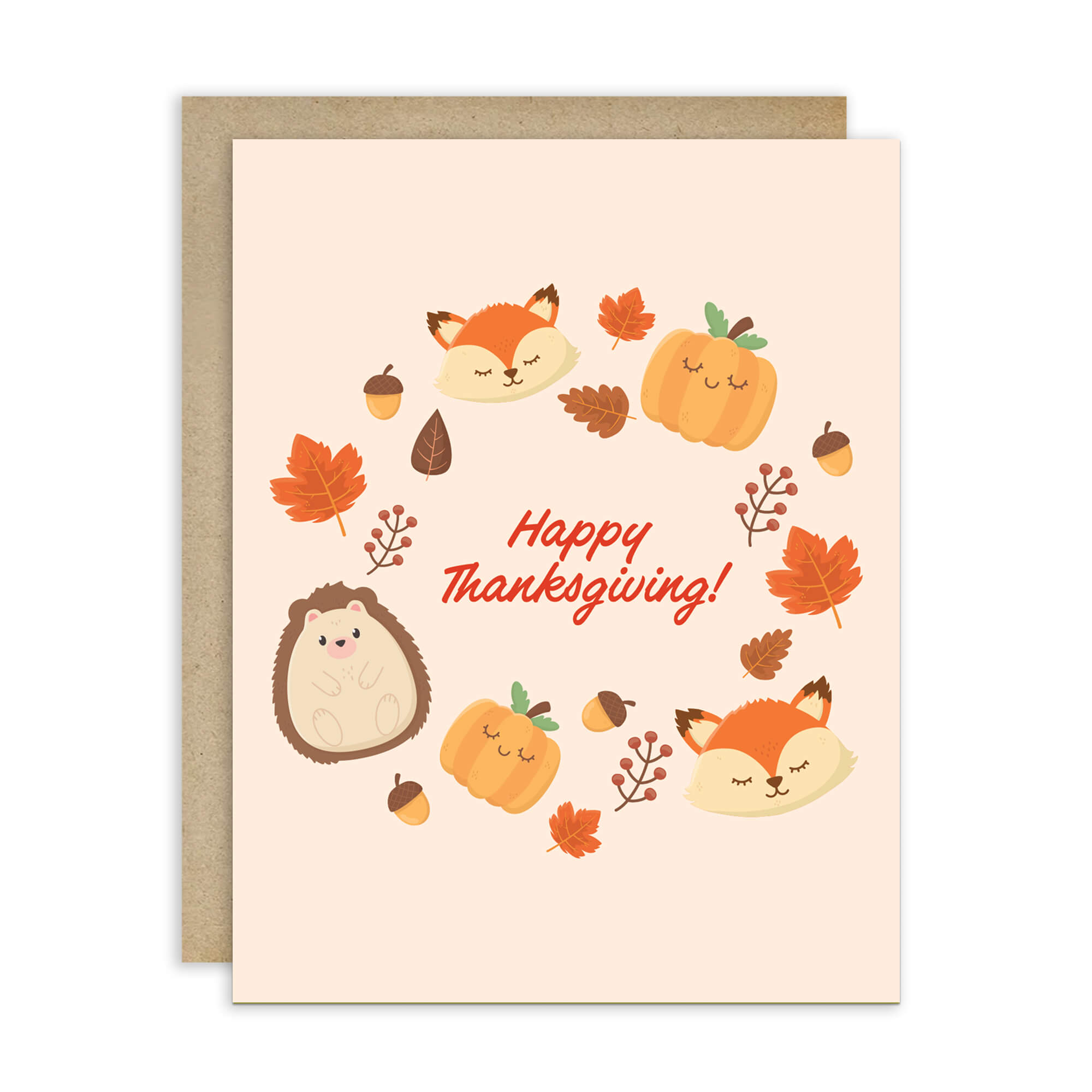 Thanksgiving card with fox, hedgehog, and pumpkins on a beige background