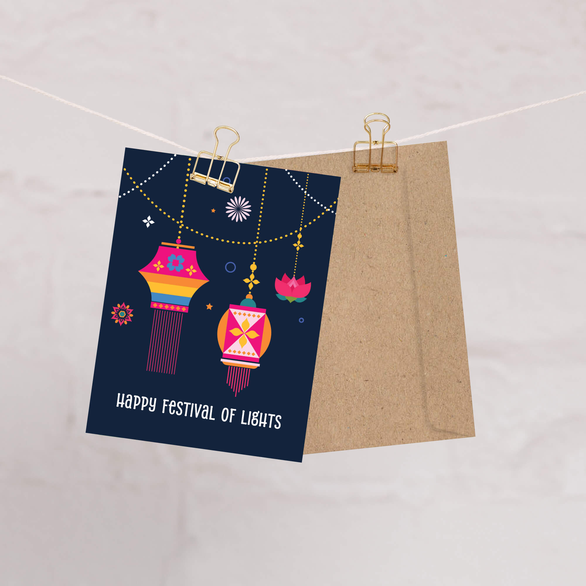 indian hindu Greeting card with colorful lanterns and 'Happy Festival of Lights' text on a dark blue background.