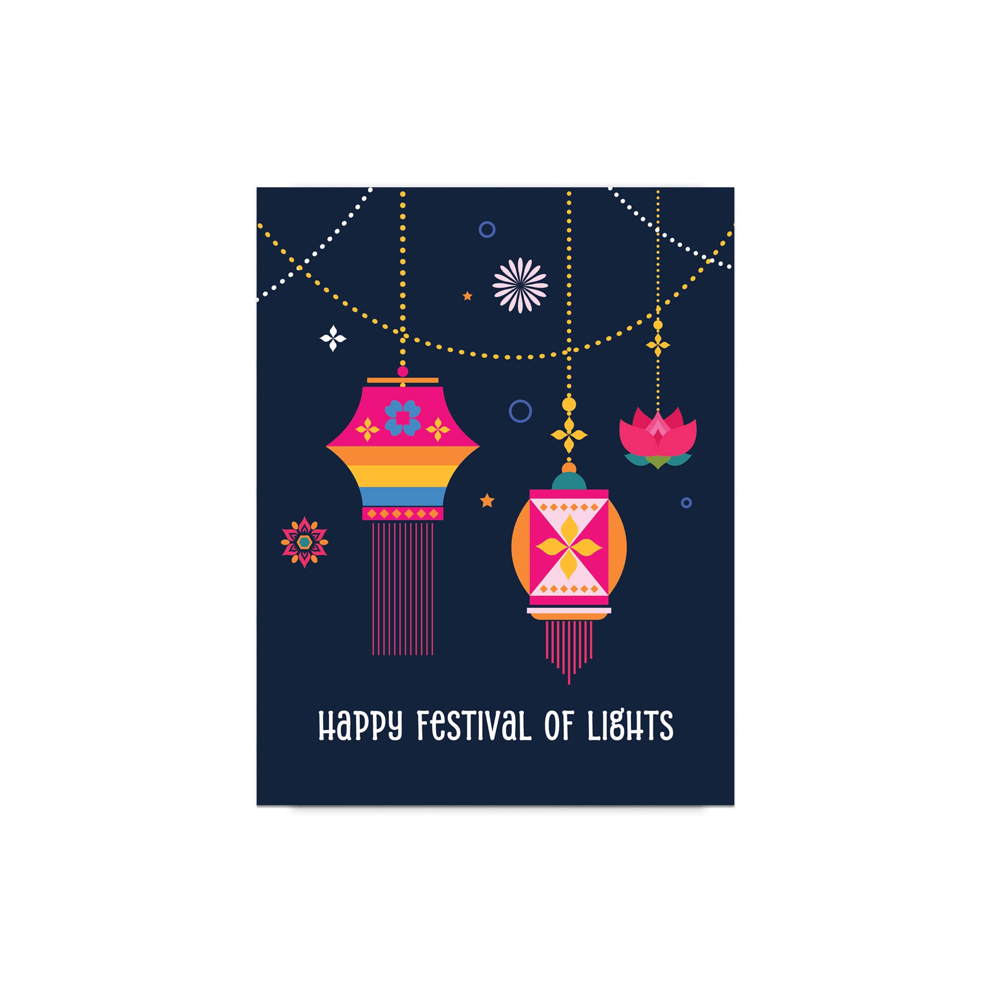indian hindu Greeting card with colorful lanterns and 'Happy Festival of Lights' text on a dark blue background.