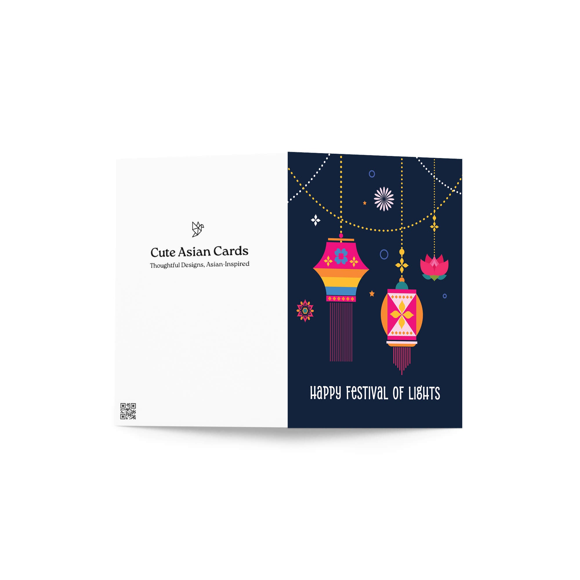 indian hindu Greeting card with colorful lanterns and 'Happy Festival of Lights' text on a dark blue background.