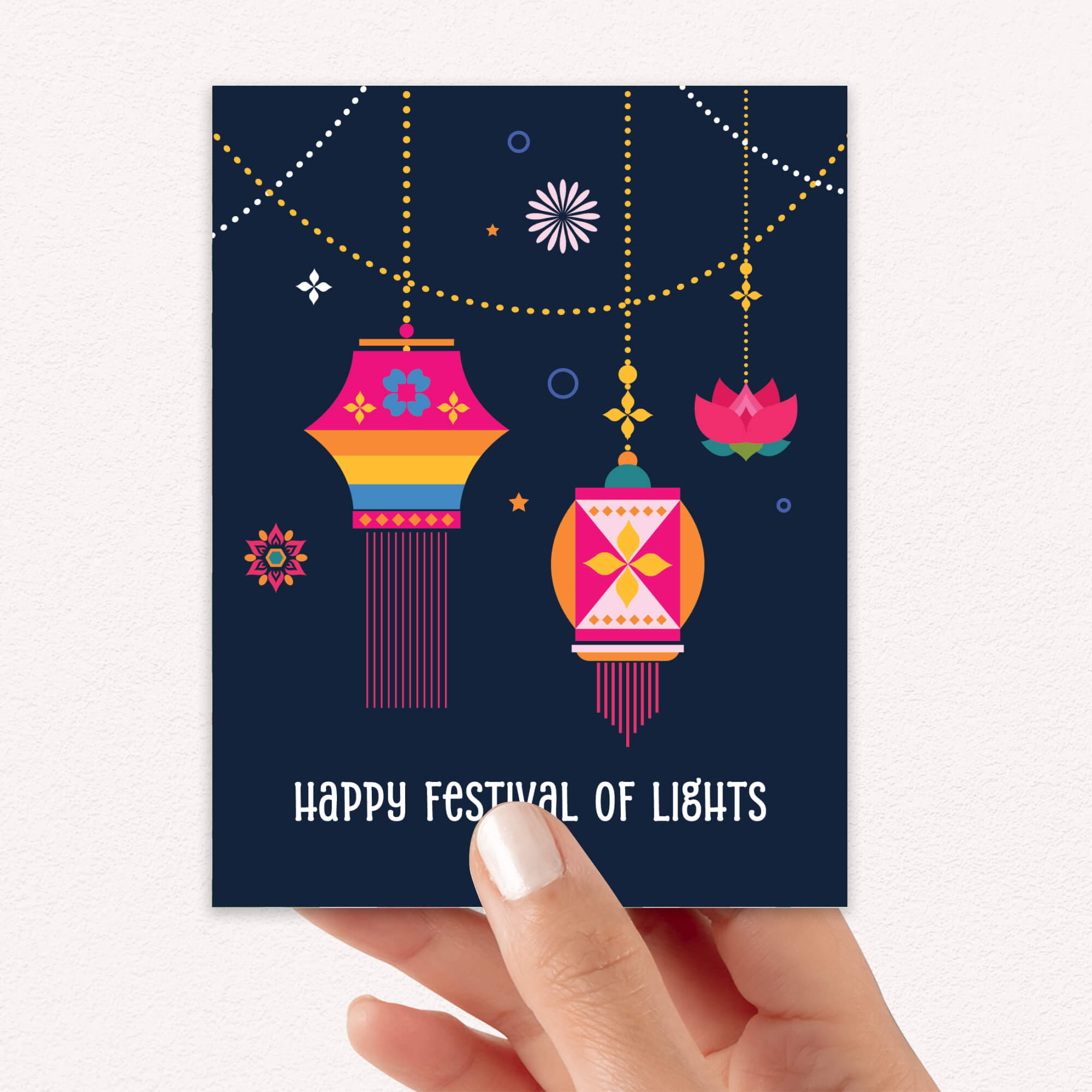 indian hindu Greeting card with colorful lanterns and 'Happy Festival of Lights' text on a dark blue background.