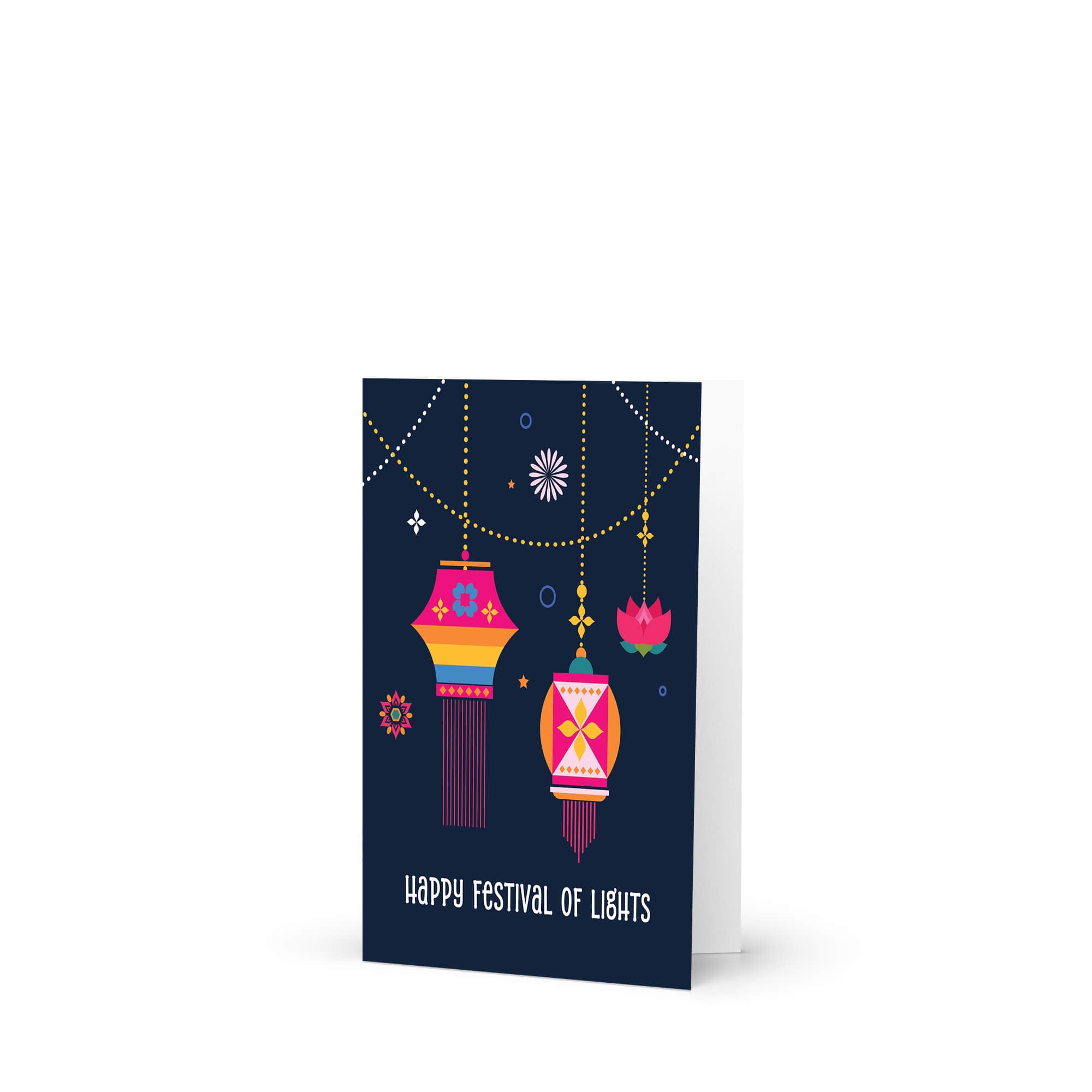 indian hindu Greeting card with colorful lanterns and 'Happy Festival of Lights' text on a dark blue background.
