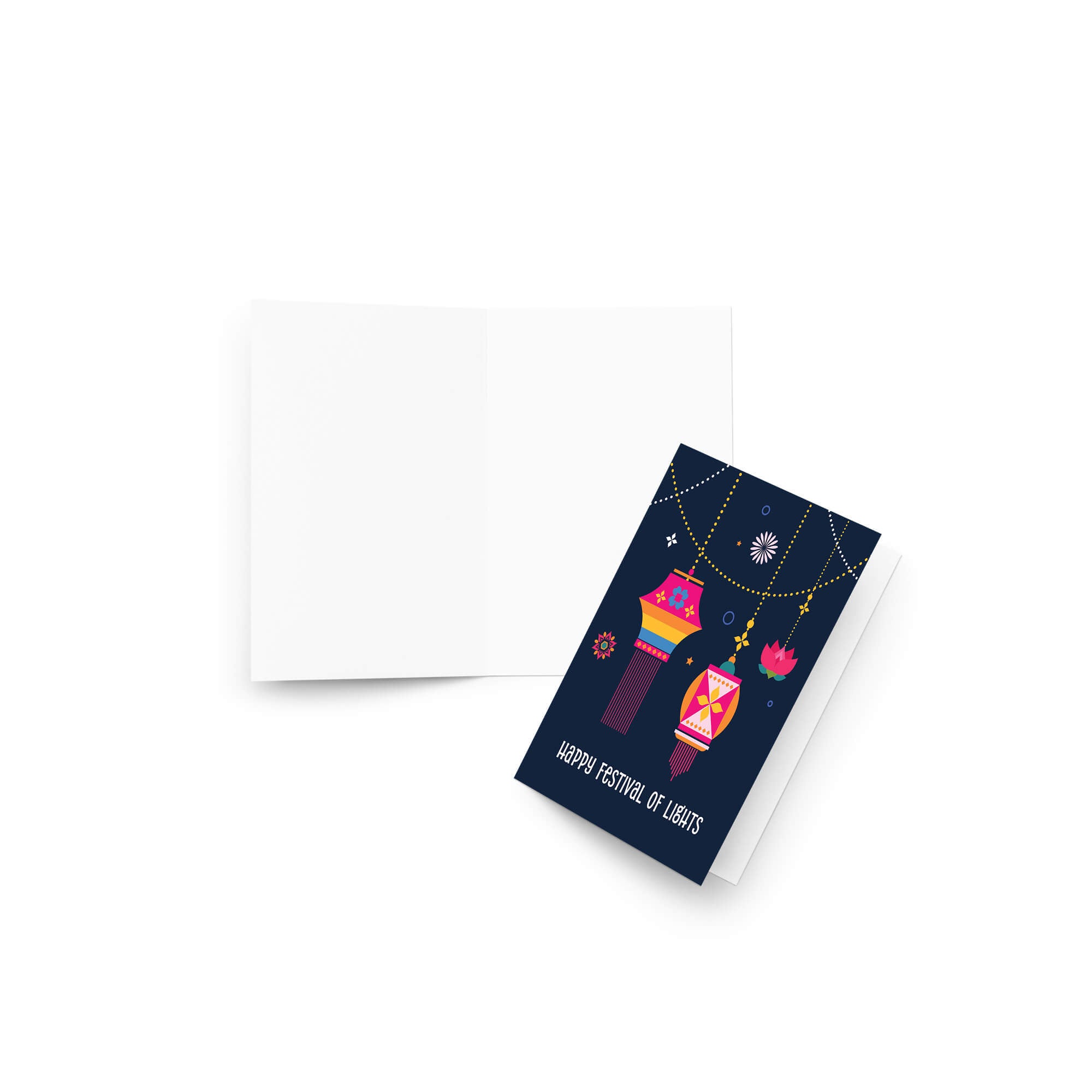 indian hindu Greeting card with colorful lanterns and 'Happy Festival of Lights' text on a dark blue background.