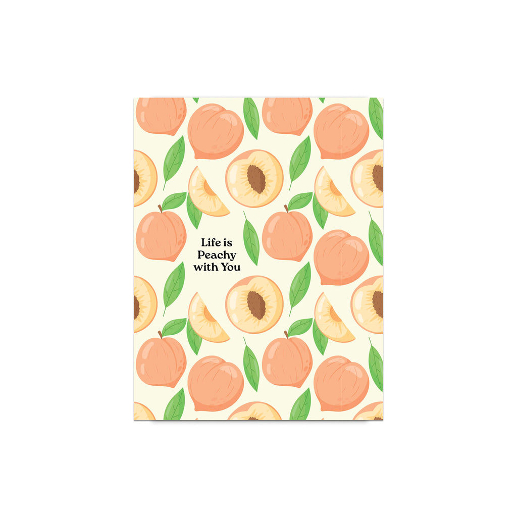 asian greeting card with peach pattern and text 'Life is Peachy with You' on a white background
