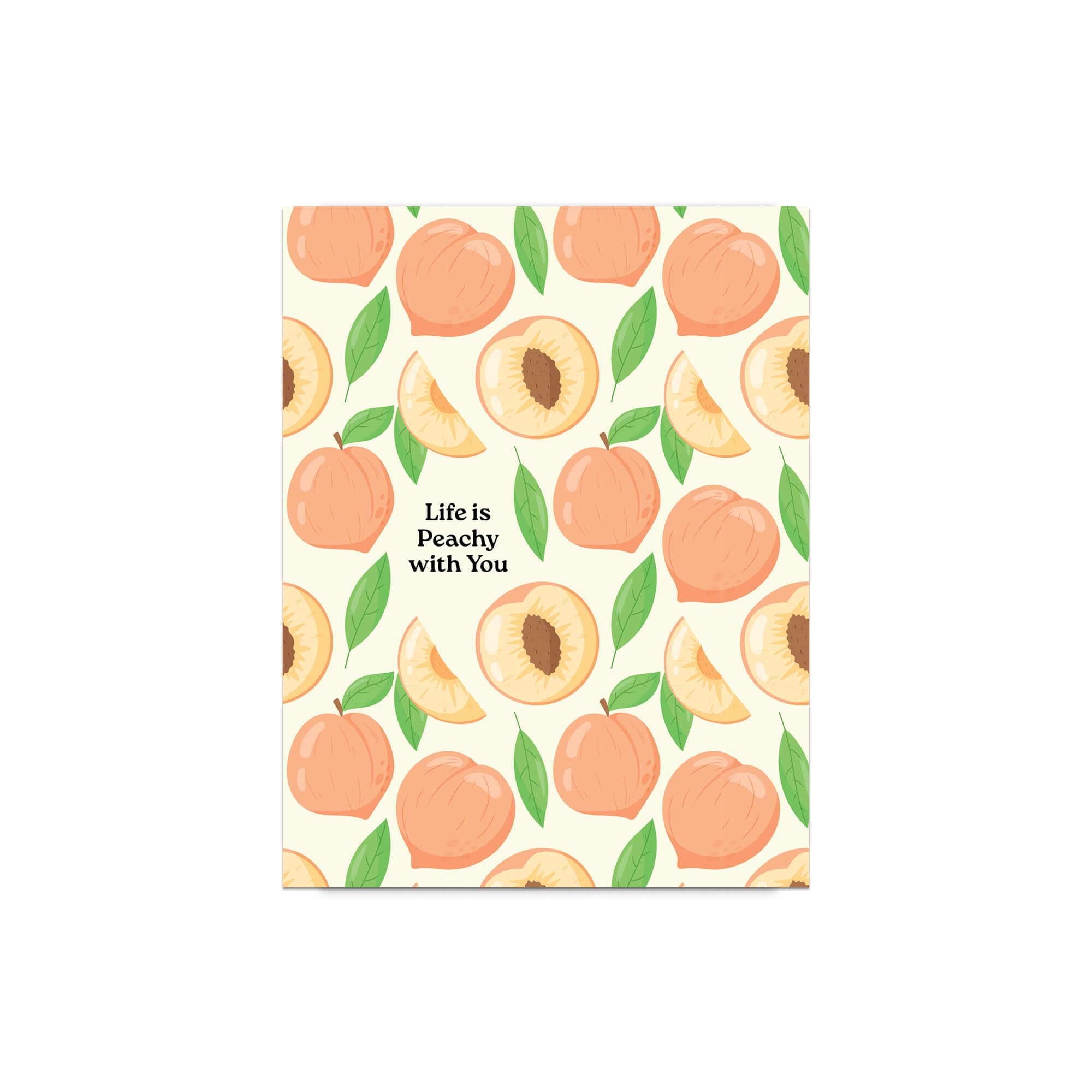 asian greeting card with peach pattern and text 'Life is Peachy with You' on a white background