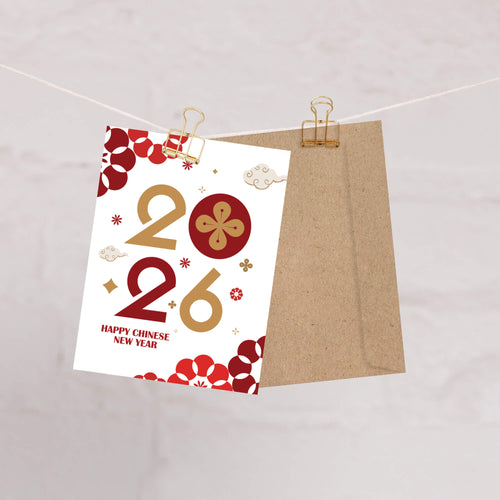 lunar Greeting card with 'Happy Chinese New Year' text and decorative numbers on a white background