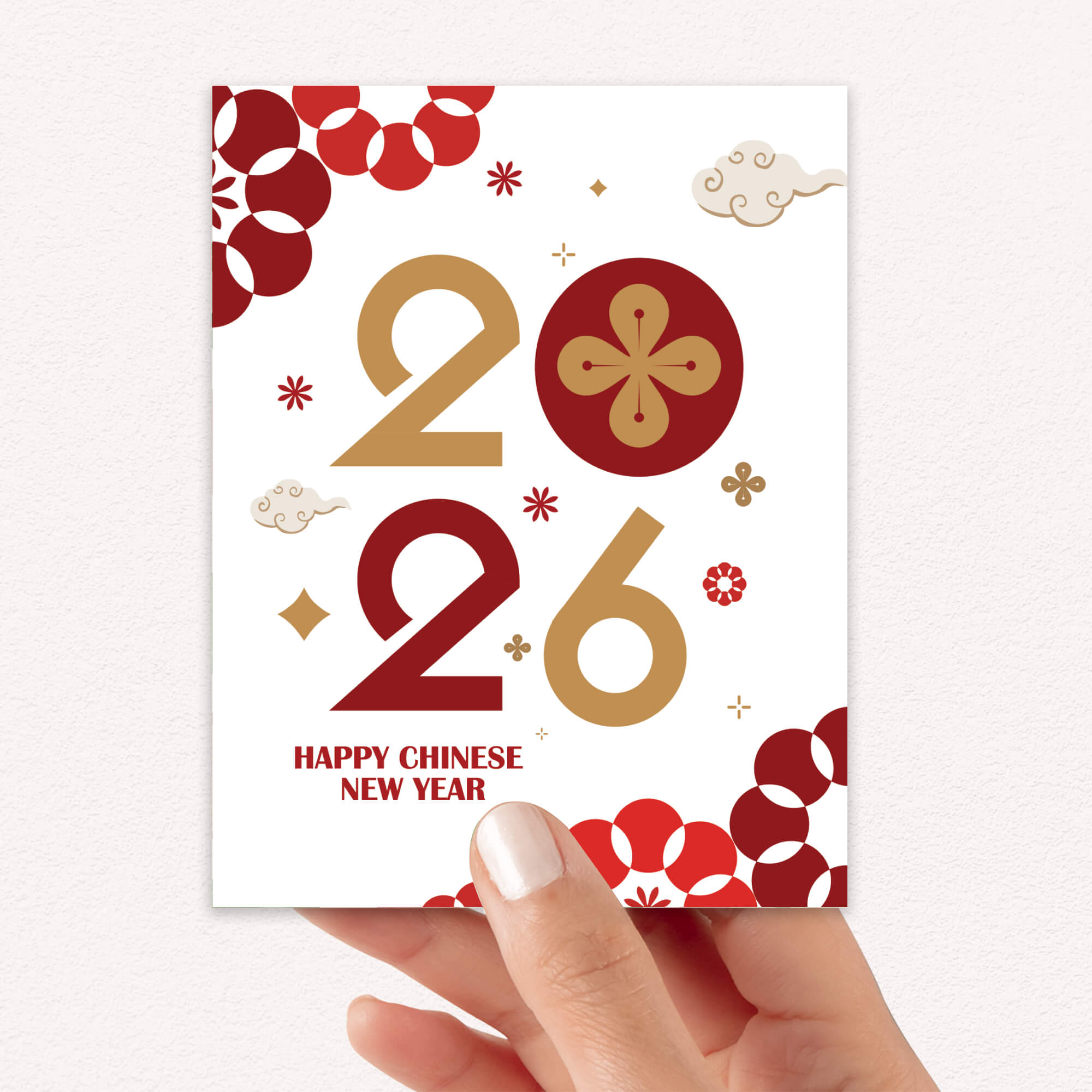 Card with 'Happy Chinese New Year' text and year '2026' on a white background