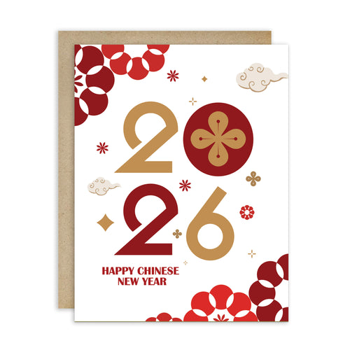 lunar Greeting card with 'Happy Chinese New Year' text and decorative numbers on a white background