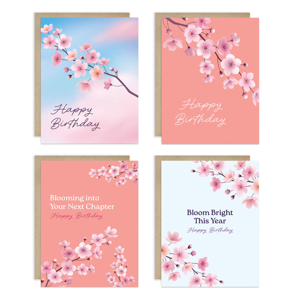 Set of four birthday cards with cherry blossom designs on a white background