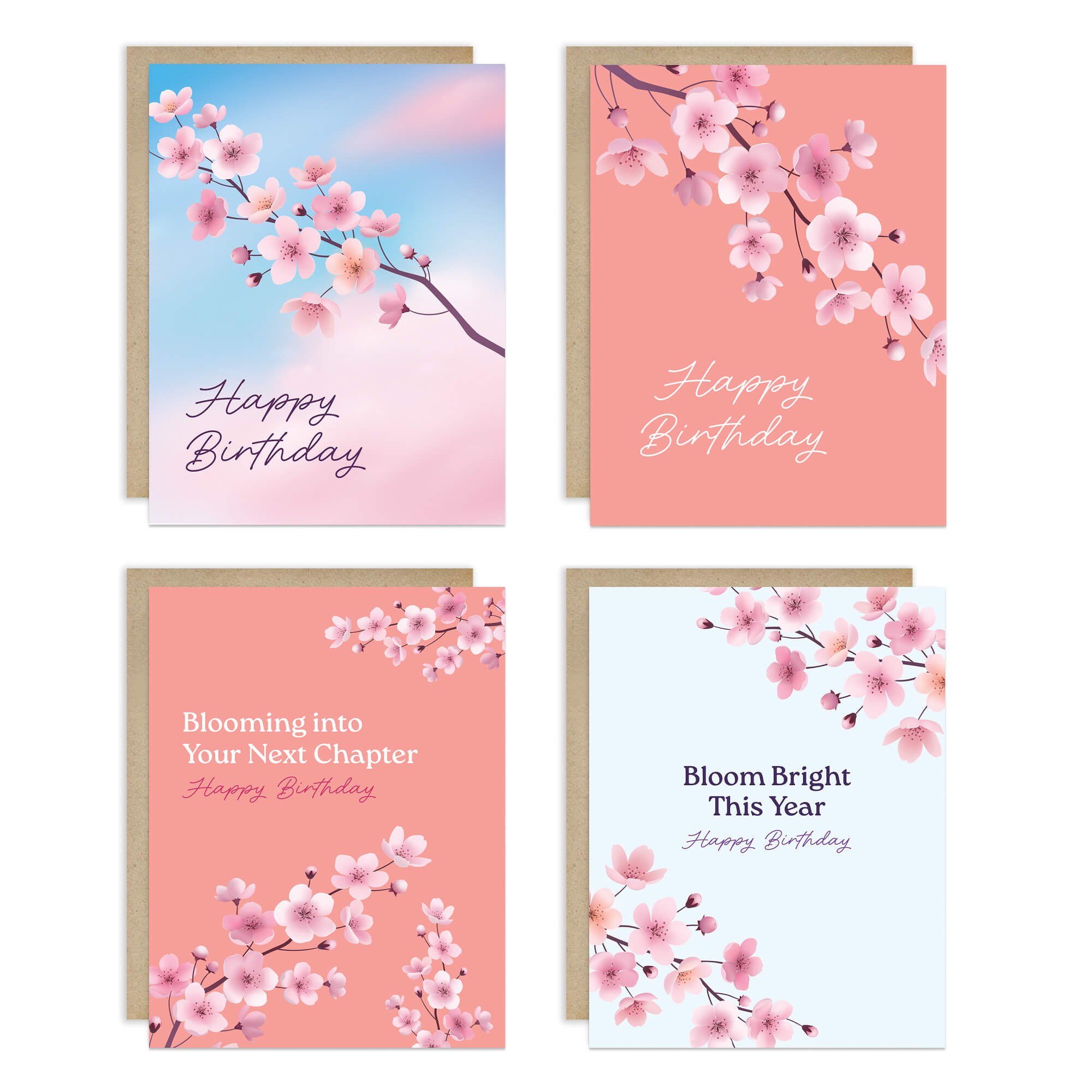 Set of four birthday cards with cherry blossom designs on a white background