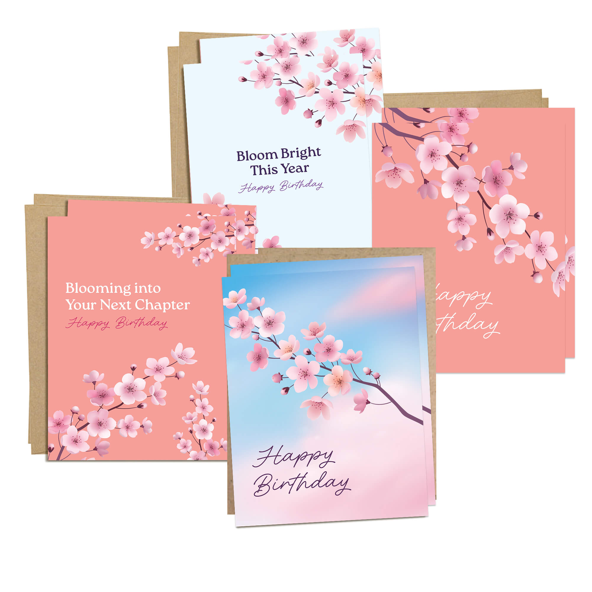Set of four birthday cards with cherry blossom designs on a white background