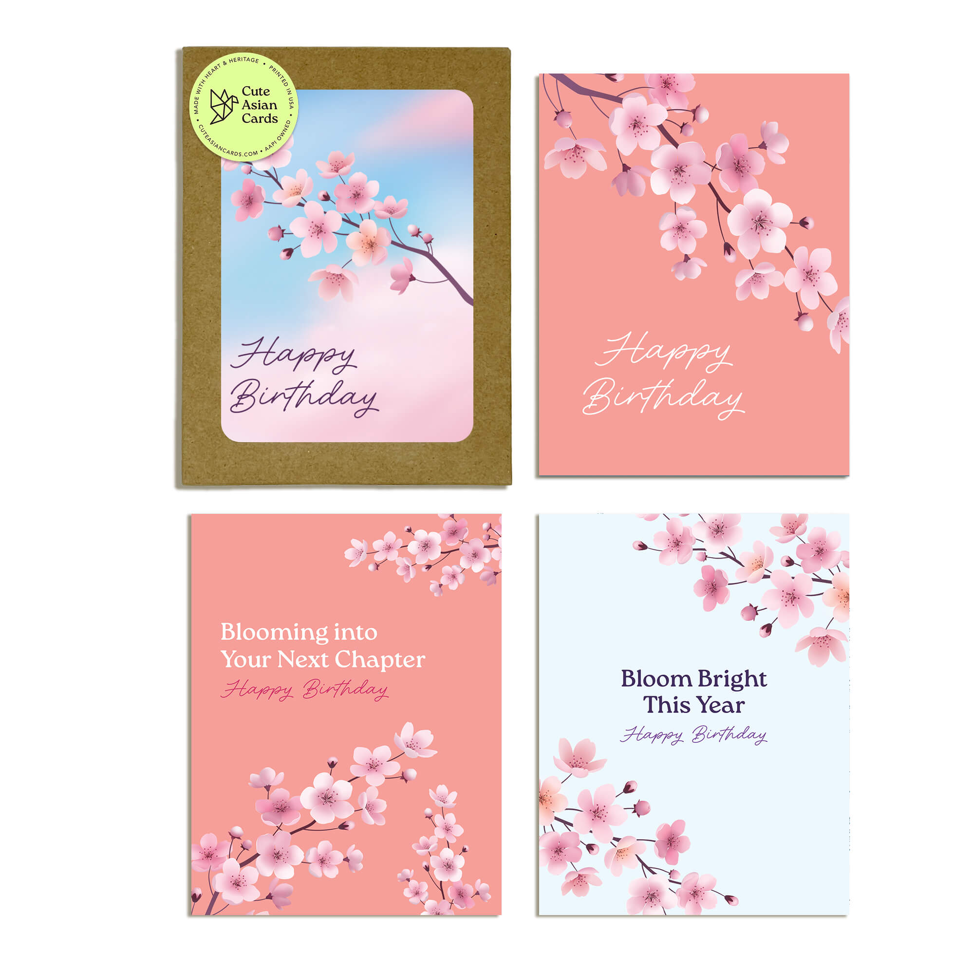 Set of four birthday cards with cherry blossom designs on a white background