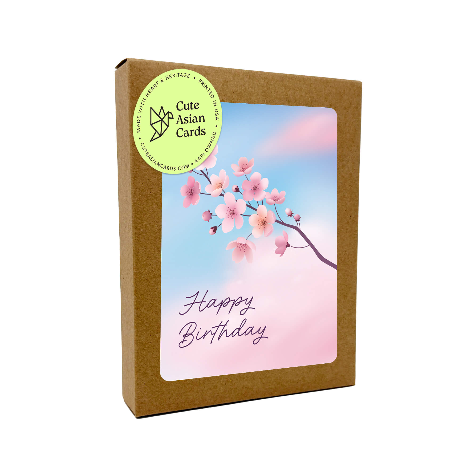 Set of four birthday cards with cherry blossom designs on a white background