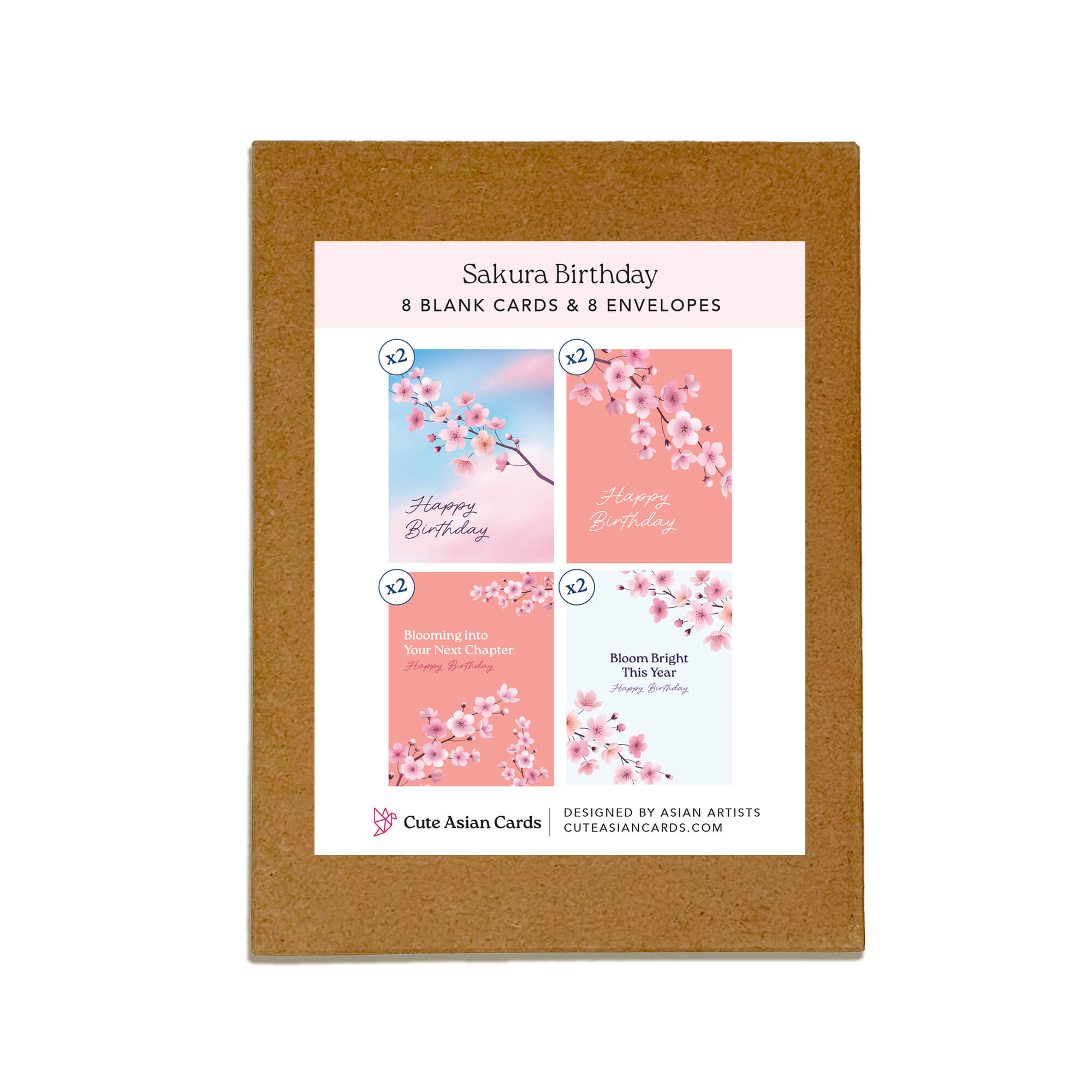 Set of four birthday cards with cherry blossom designs on a white background