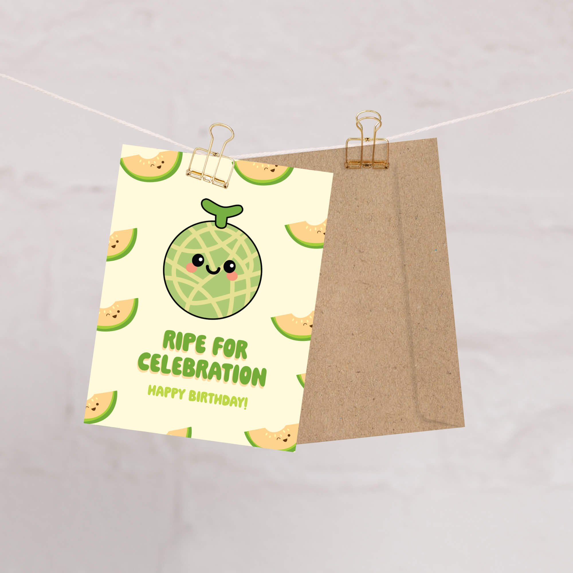 Birthday card with a cute cantaloupe design and text 'Ripe for Celebration Happy Birthday!' on a beige background.
