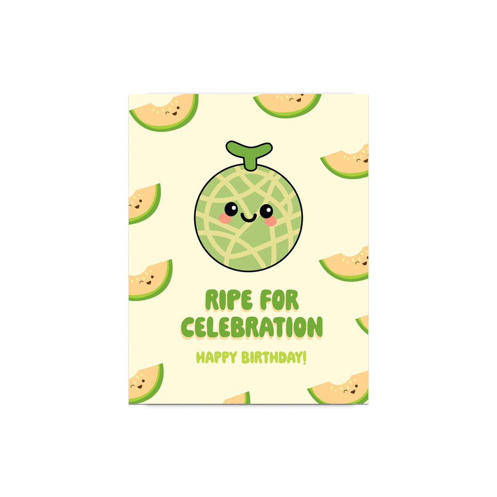 Birthday card with a cute cantaloupe design and text 'Ripe for Celebration Happy Birthday!' on a beige background.