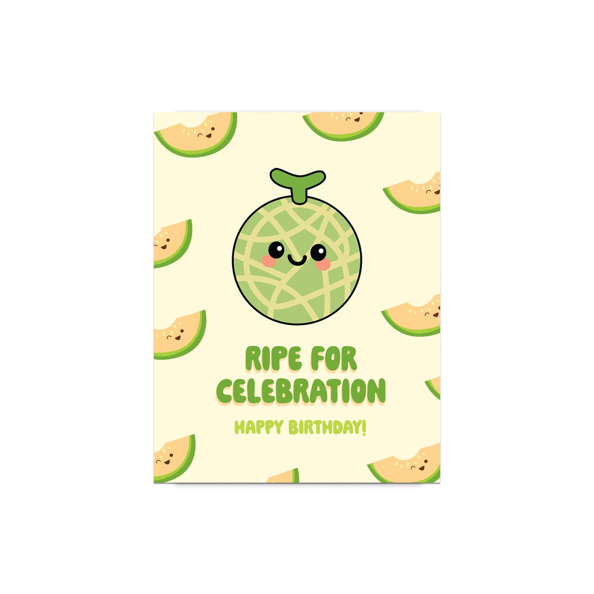 Birthday card with a cute cantaloupe design and text 'Ripe for Celebration Happy Birthday!' on a beige background.