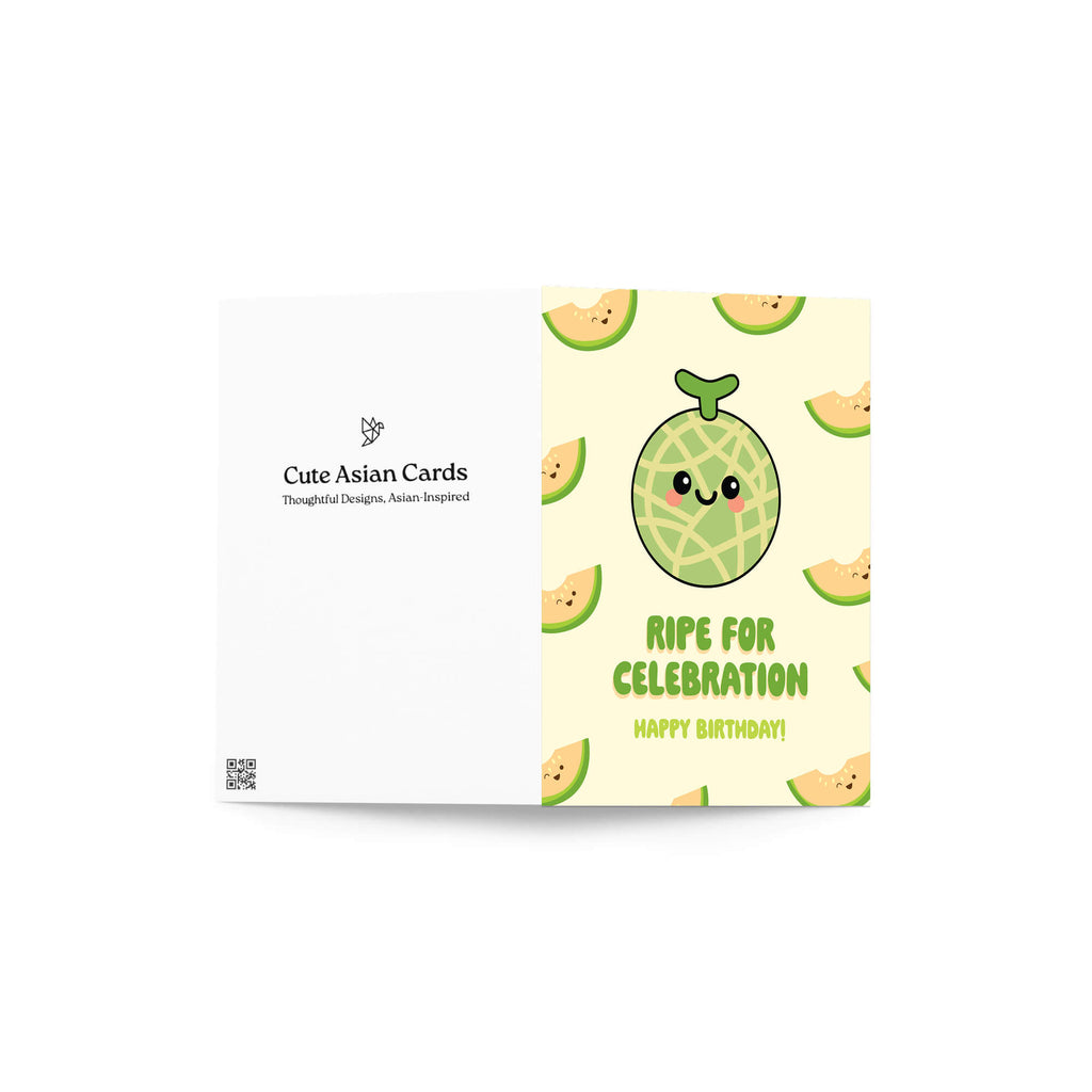 Birthday card with a cute cantaloupe design and text 'Ripe for Celebration Happy Birthday!' on a beige background.