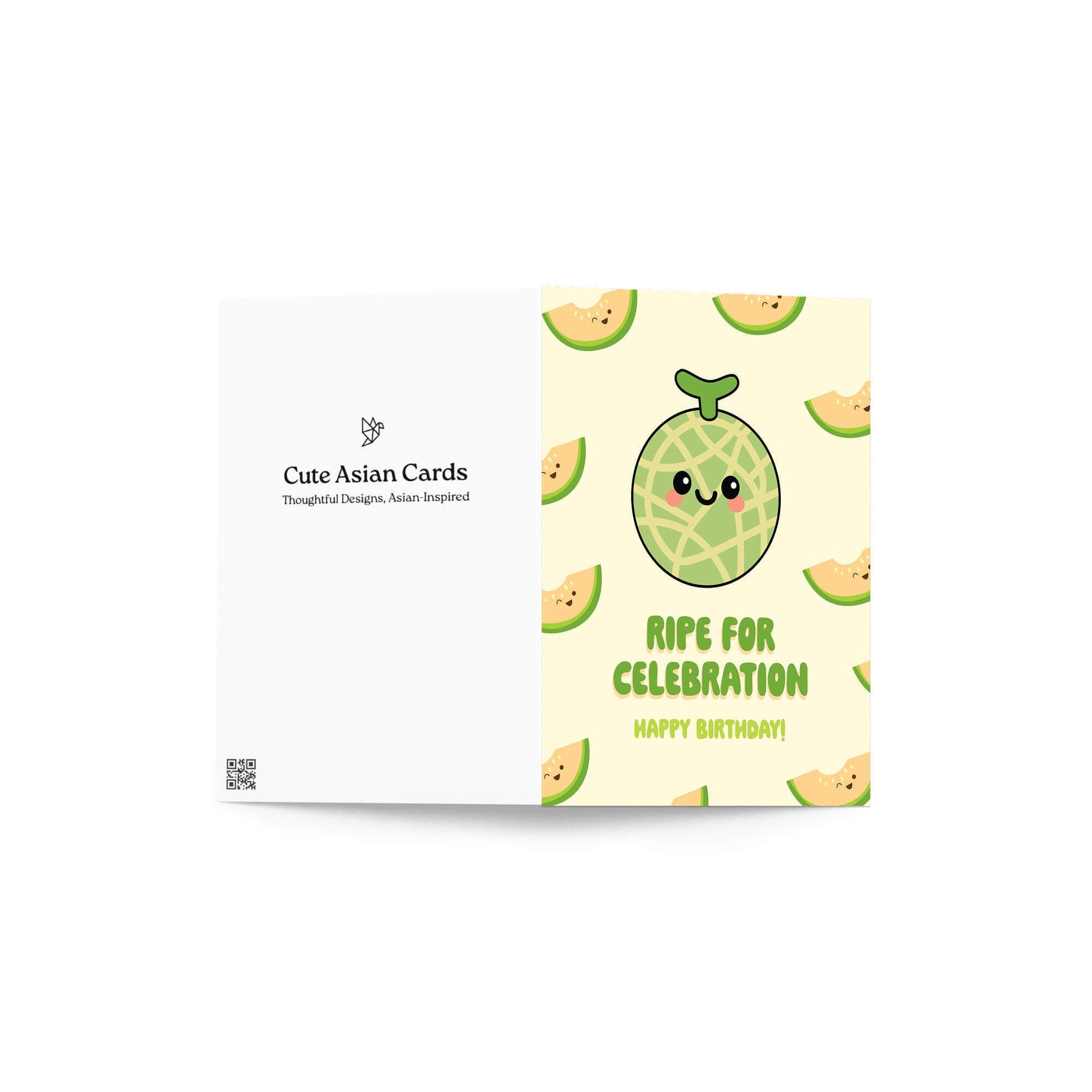 Birthday card with a cute cantaloupe design and text 'Ripe for Celebration Happy Birthday!' on a beige background.