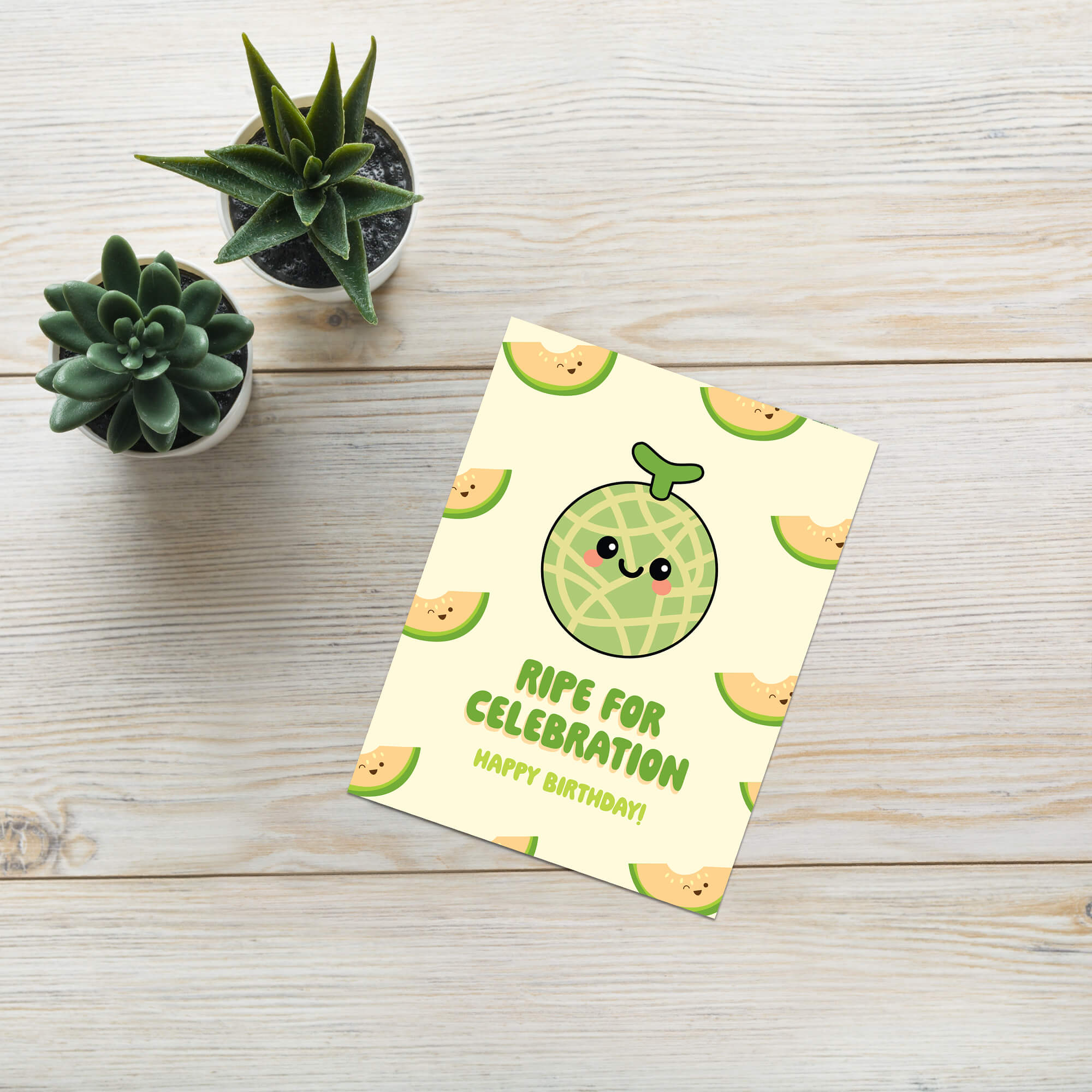 Birthday card with a cute cantaloupe design and text 'Ripe for Celebration Happy Birthday!' on a beige background.