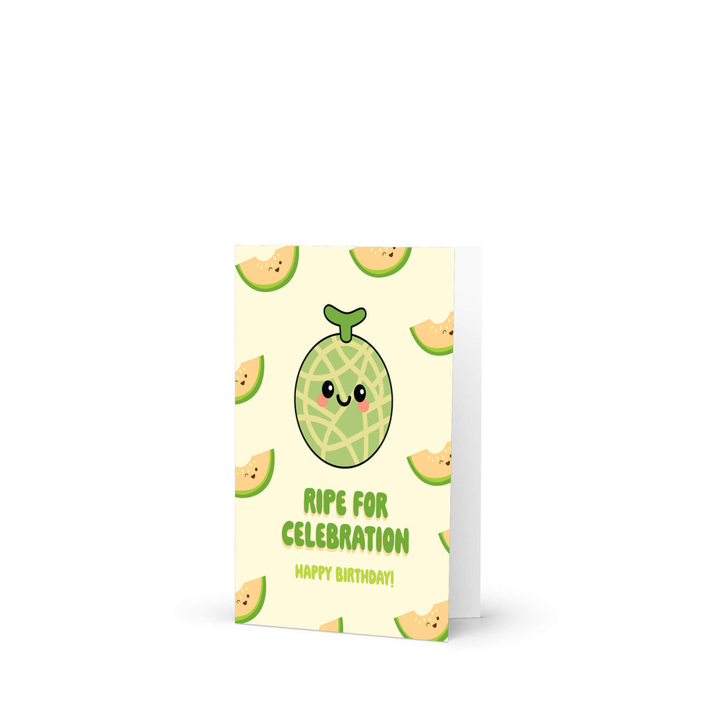 Birthday card with a cute cantaloupe design and text 'Ripe for Celebration Happy Birthday!' on a beige background.
