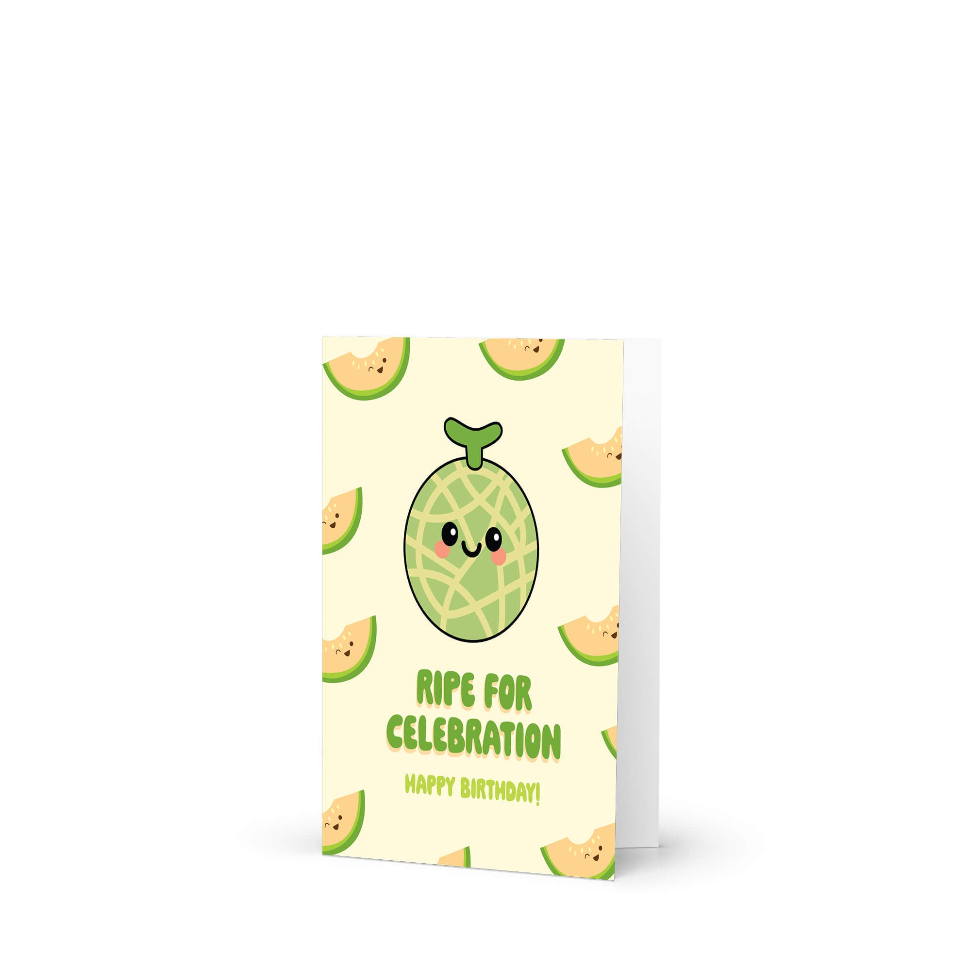 Birthday card with a cute cantaloupe design and text 'Ripe for Celebration Happy Birthday!' on a beige background.