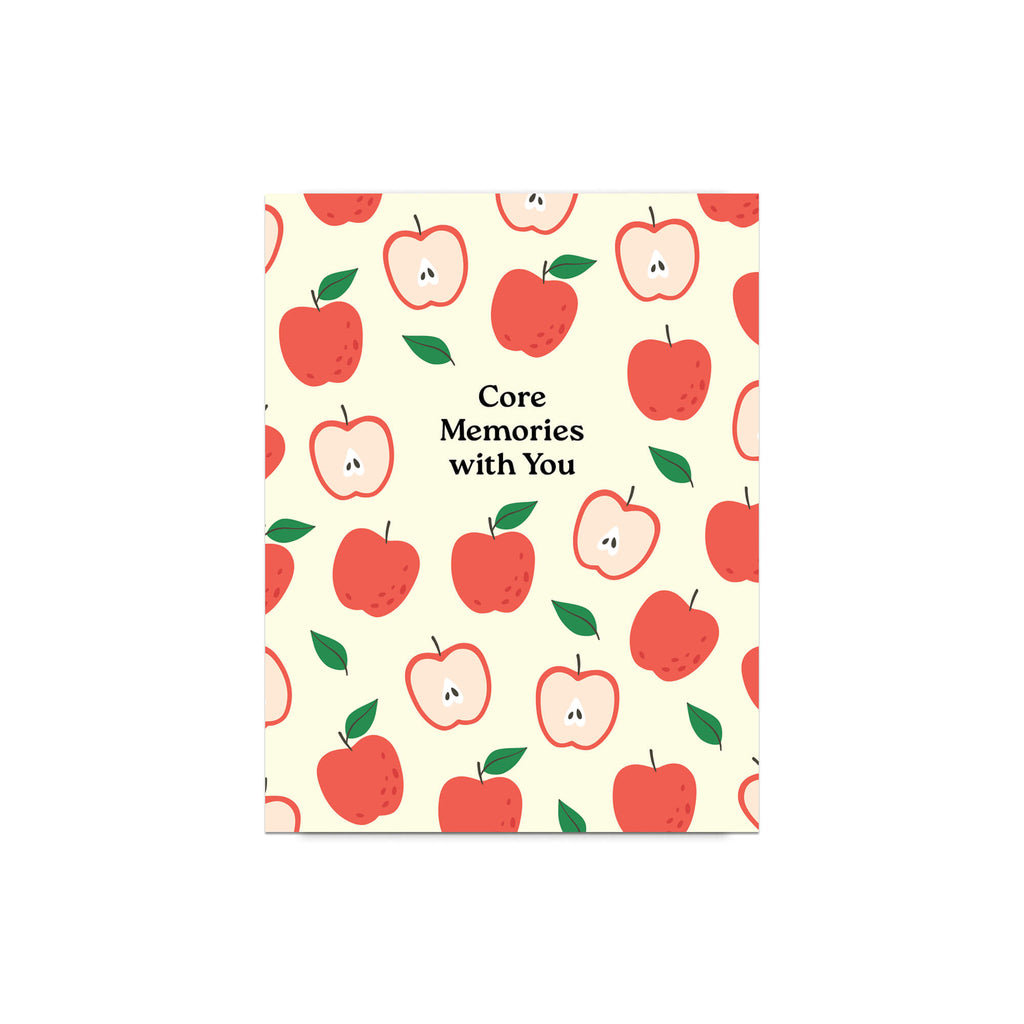 asian Greeting card with red apples pattern and 'Core Memories with You' text on a beige background