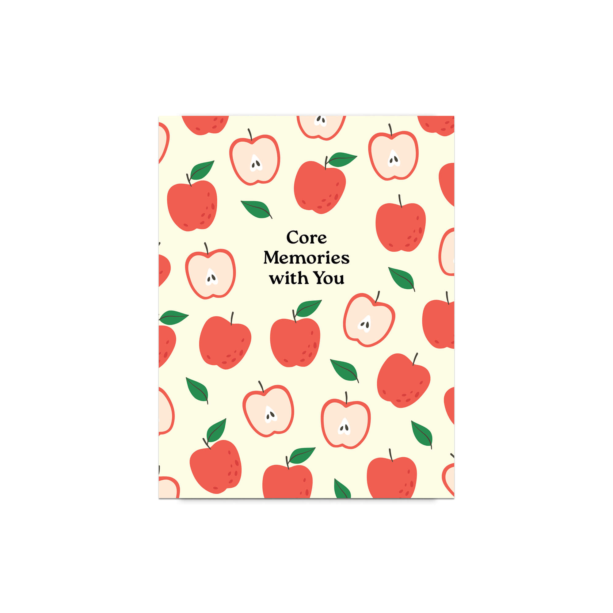 asian Greeting card with red apples pattern and 'Core Memories with You' text on a beige background
