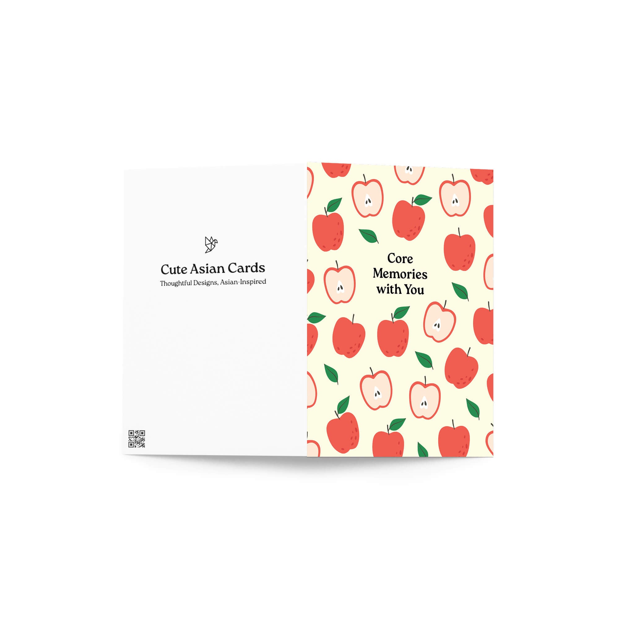 asian Greeting card with red apples pattern and 'Core Memories with You' text on a beige background