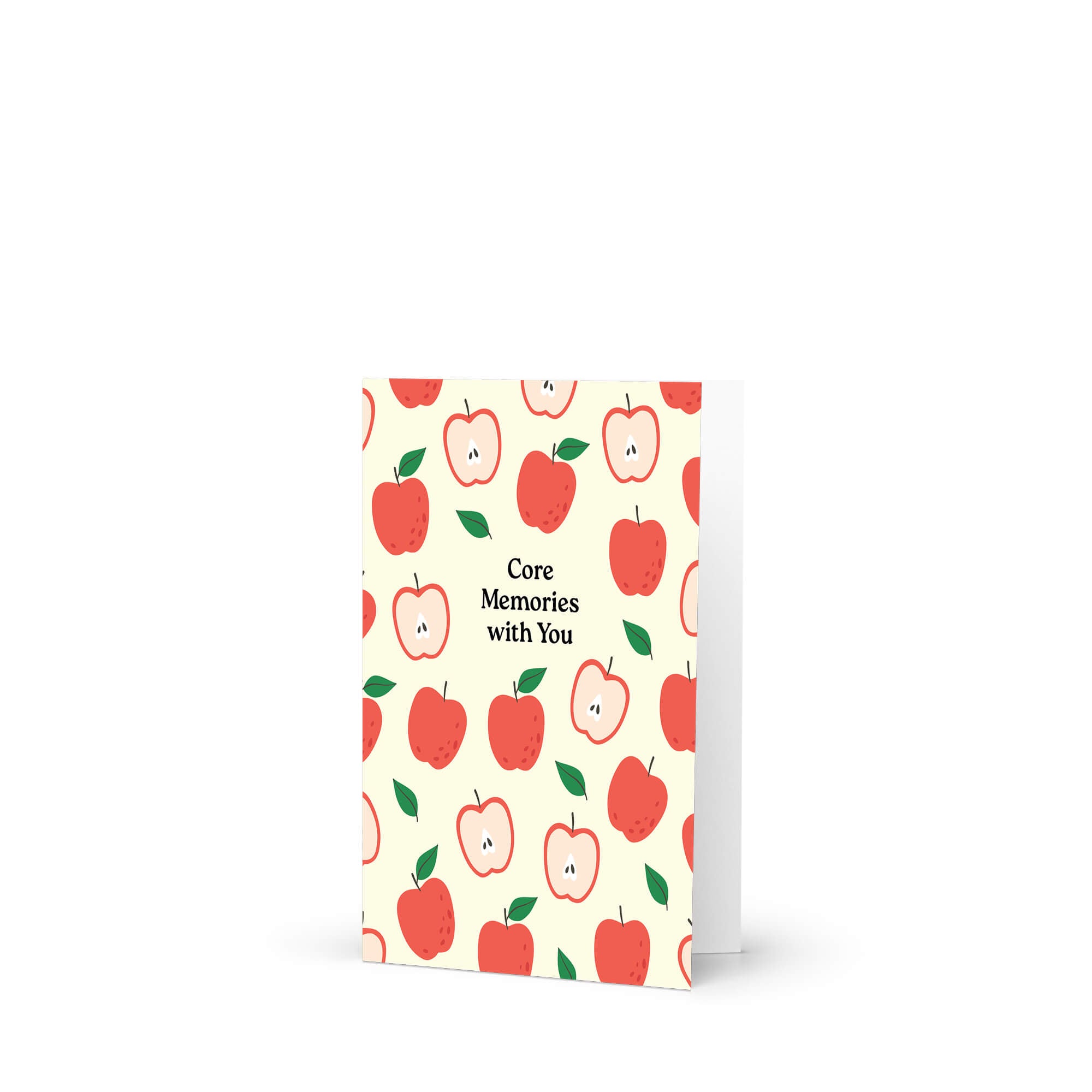 asian Greeting card with red apples pattern and 'Core Memories with You' text on a beige background