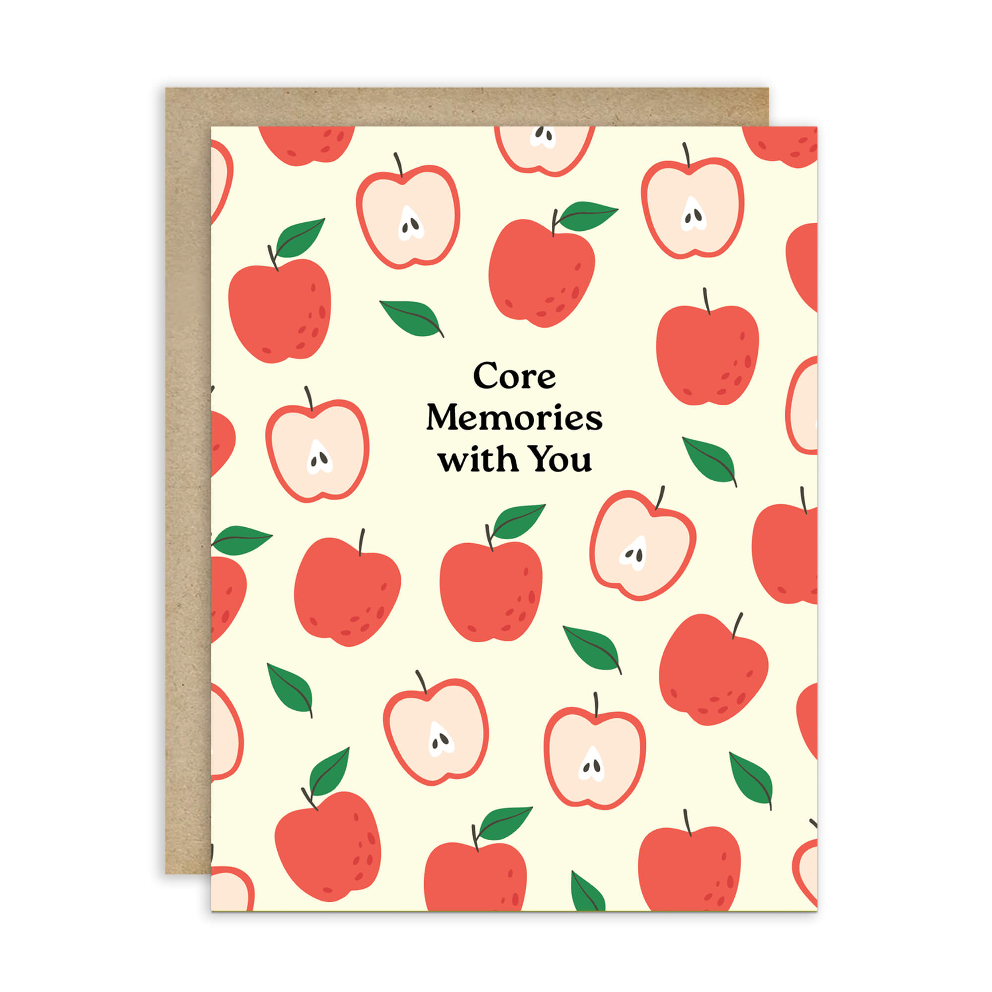 asian Greeting card with red apples pattern and 'Core Memories with You' text on a beige background