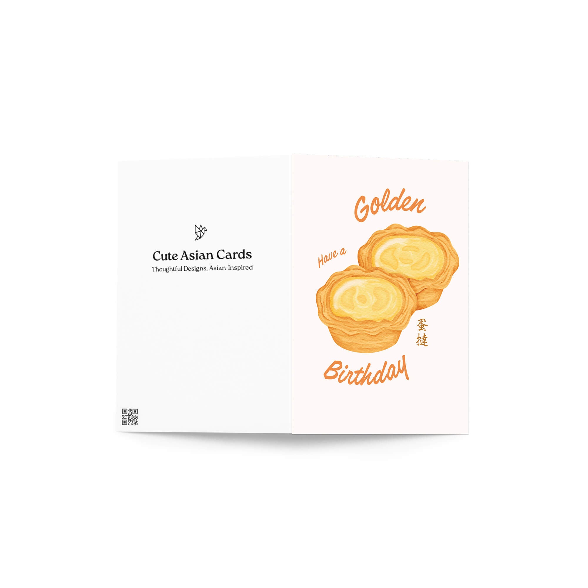 asian birthday Greeting card with two golden egg tart pastries and 'Have a Golden Birthday' text on a white background.