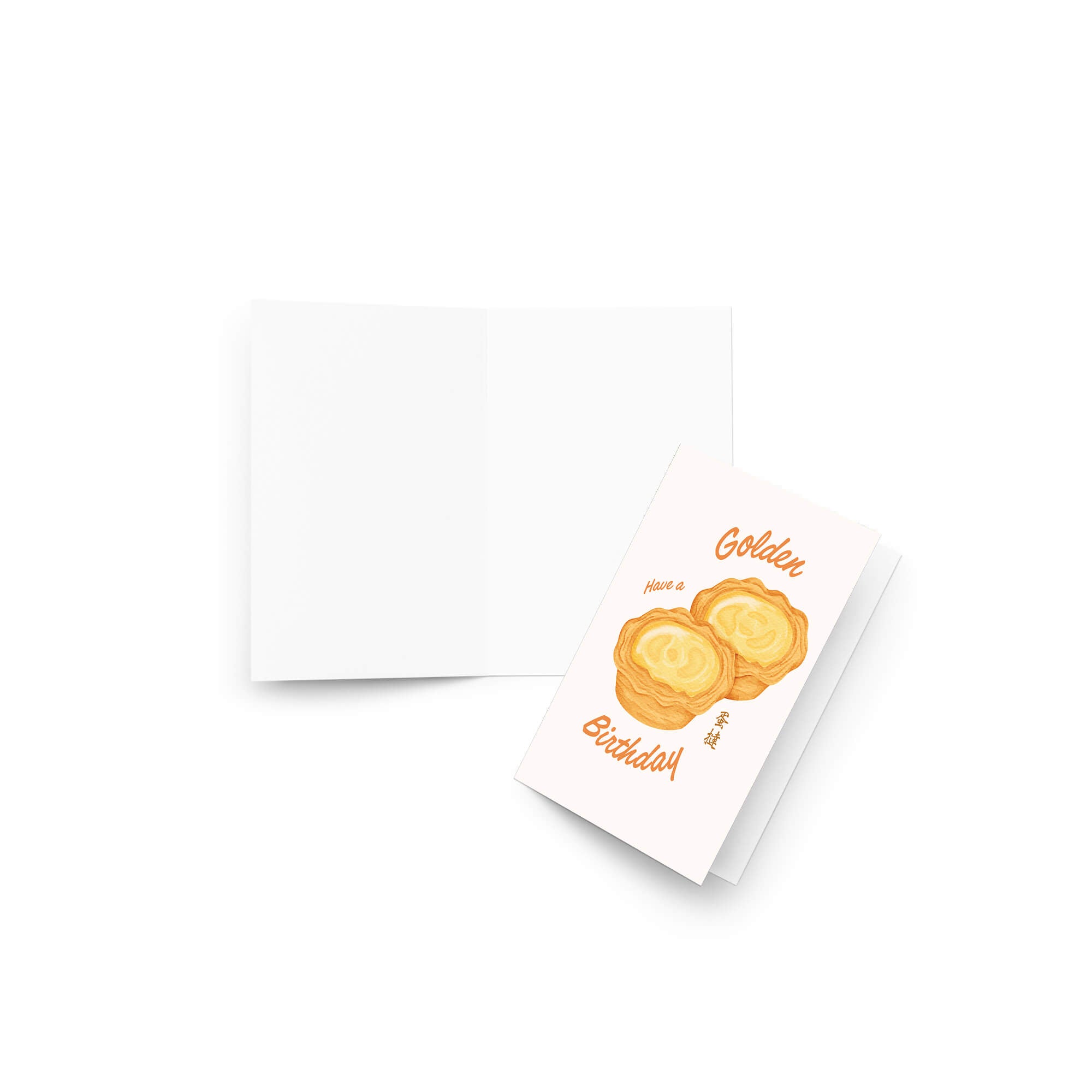 asian birthday Greeting card with two golden egg tart pastries and 'Have a Golden Birthday' text on a white background.