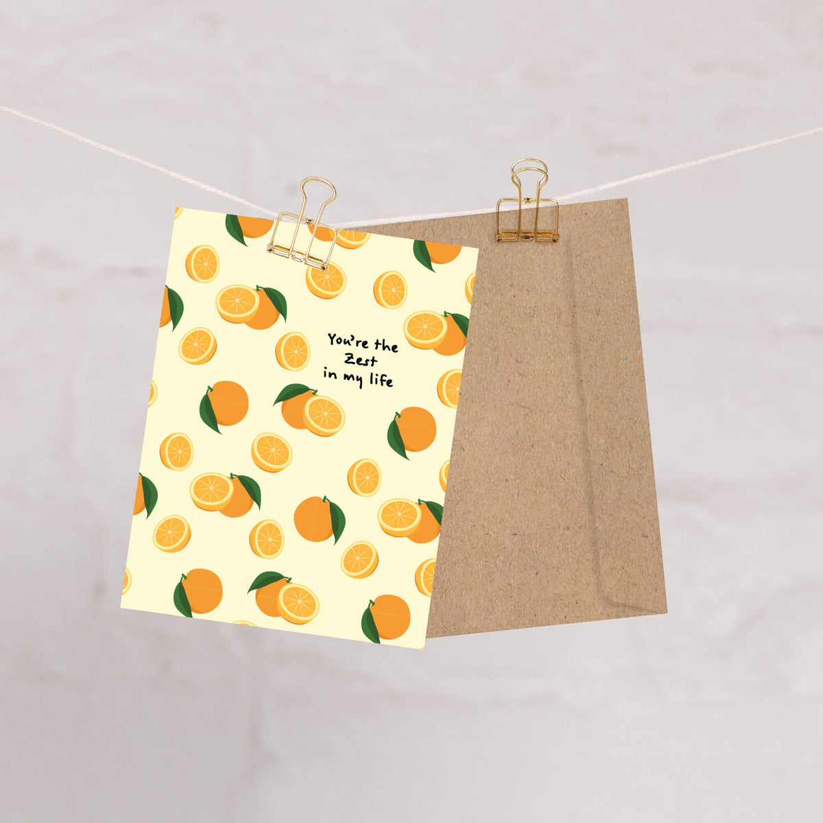 asian Greeting card with orange pattern and text 'You're the zest in my life' on a beige background.