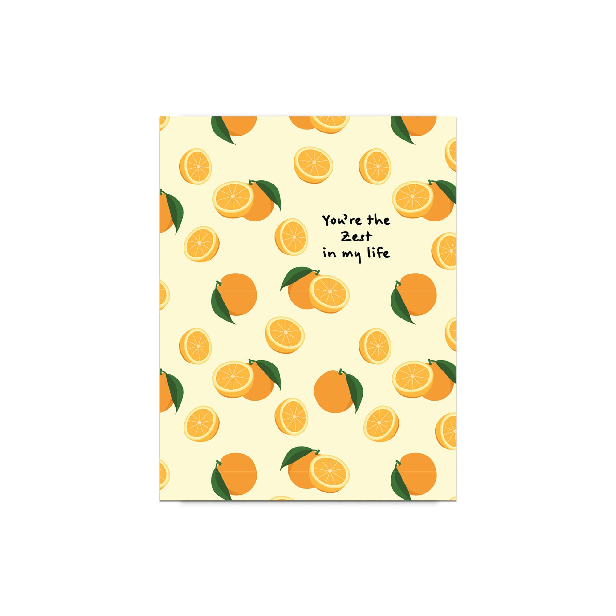 asian Greeting card with orange pattern and text 'You're the zest in my life' on a beige background.