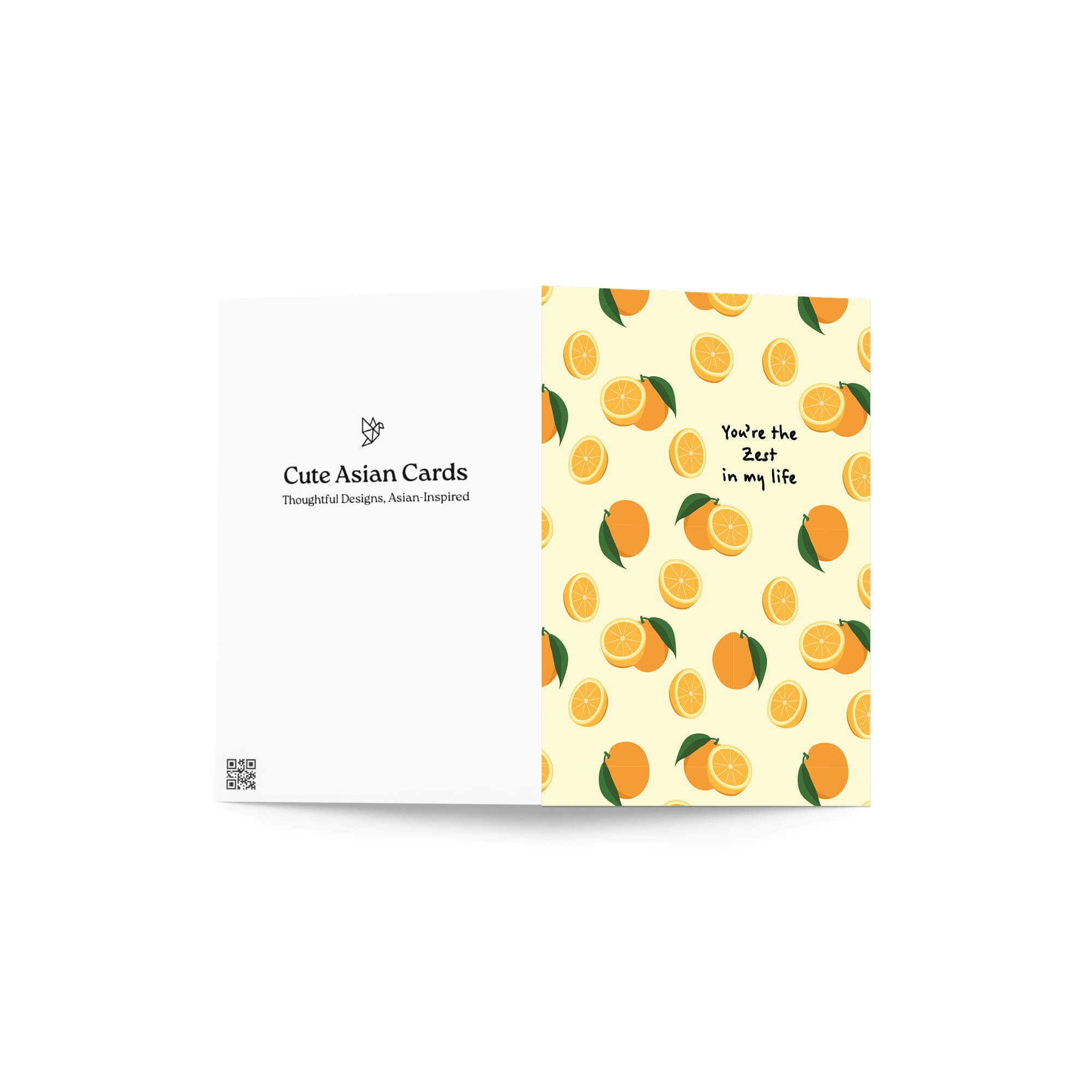 asian Greeting card with orange pattern and text 'You're the zest in my life' on a beige background.